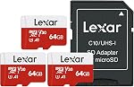 Lexar E-Series 64GB Micro SD Card 3 Pack, microSDXC UHS-I Flash Memory Card with Adapter, 100MB/s, C10, U3, A1, V30, Full HD, 4K UHD, High Speed TF Card