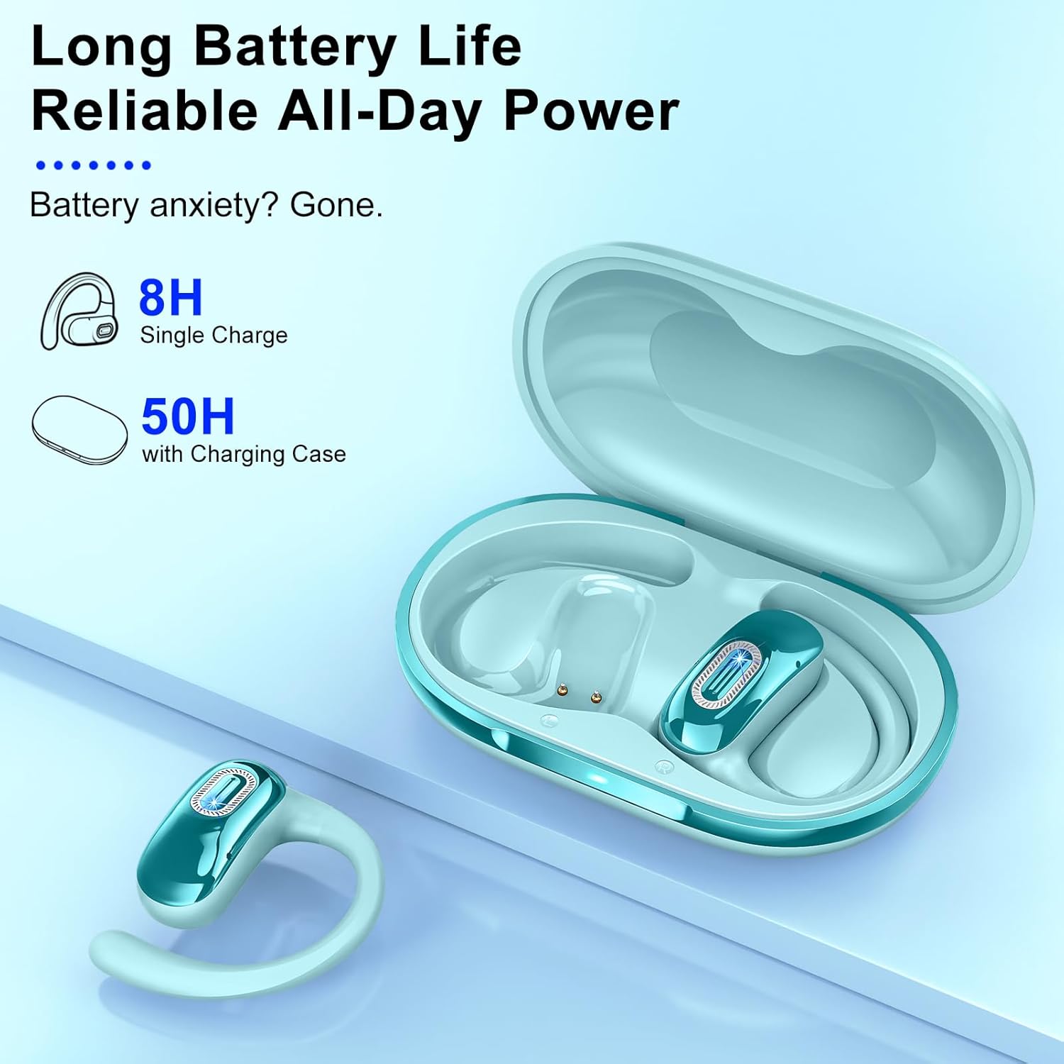 Open Ear Headphones, Bluetooth 5.4 Earbuds, 50H, Air Conduction Ear buds, HD Stereo Bass Over Ear Earphones with Earhooks, Ultra-Comfort Secure Fit, IPX7 Waterproof Headset for Working Sports, Blue - Image 2