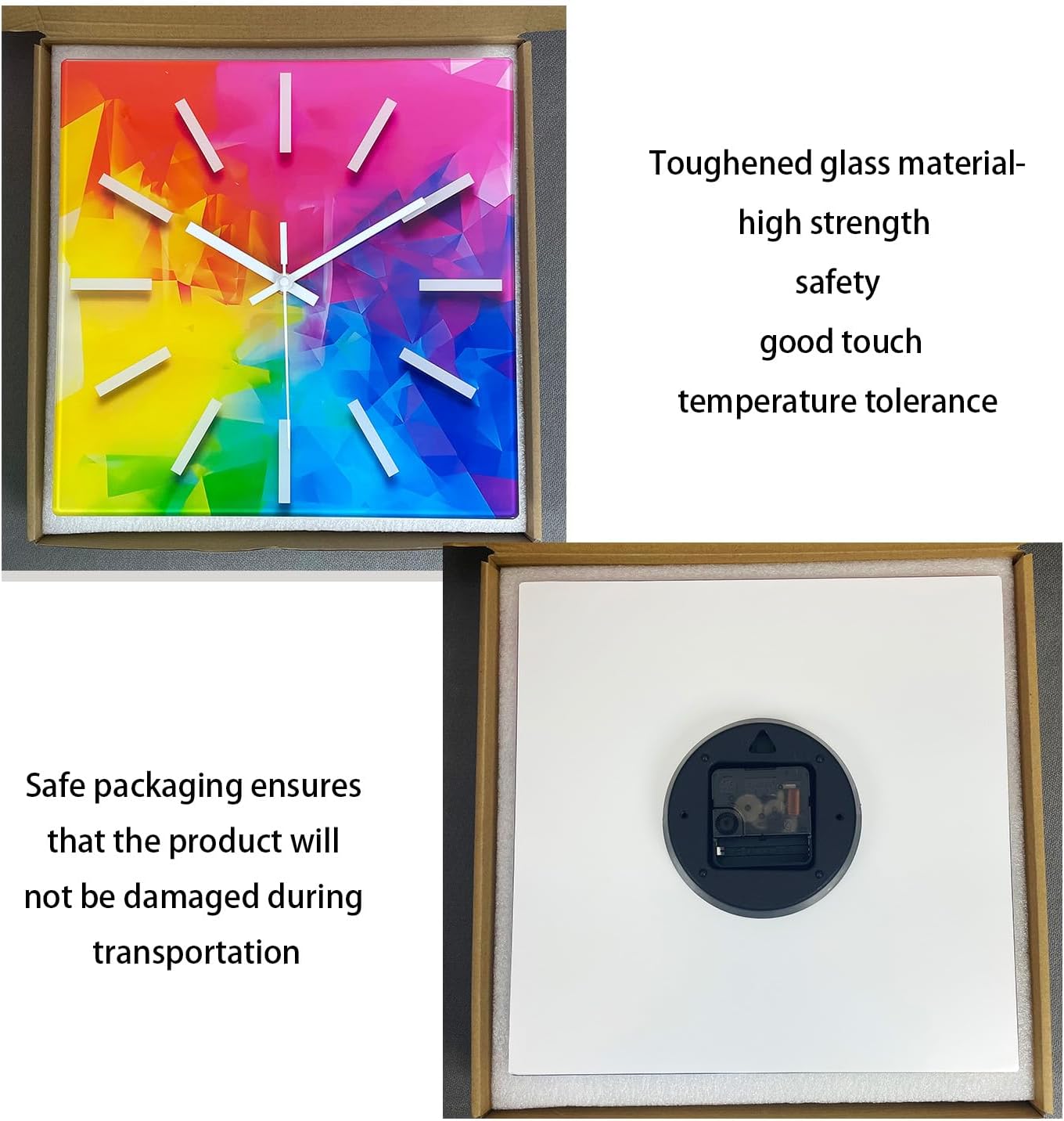 Square Glass Wall Clock Silent Analog Wall Clocks Battery Operated 12 Inch Colorful Wall Clock for Bedroom Living Room Office Classroom