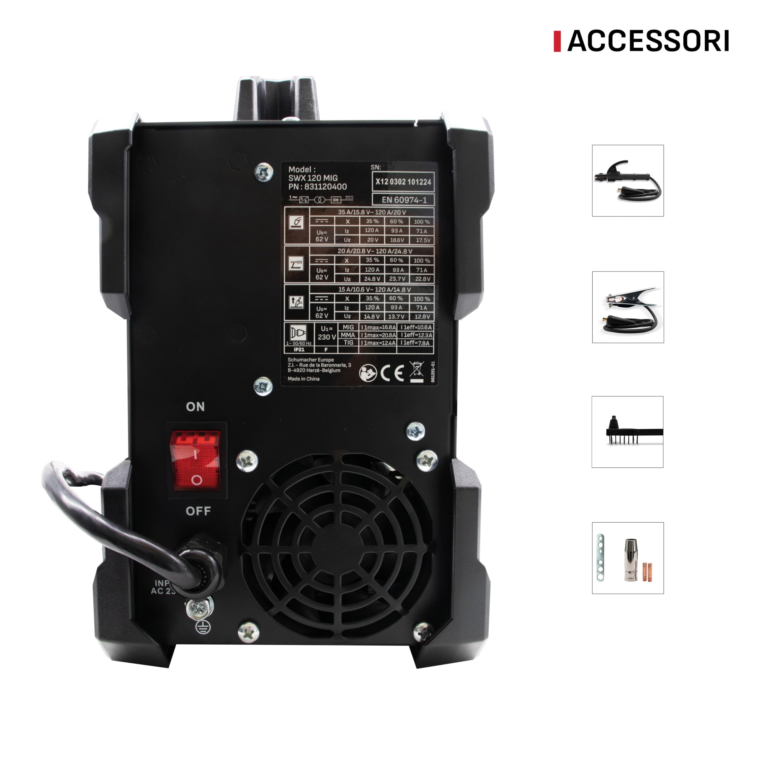 Schumacher Electric - SWX 120: saldatrice MIG con inverter da 120 A, senza gas, 230 V – Torcia MIG Direct + MMA – Filo tubolare da Ø 0,6–0,9 mm – Elettrodi da Ø 1,6–3,2 mm – Display LCD – 2 rulli