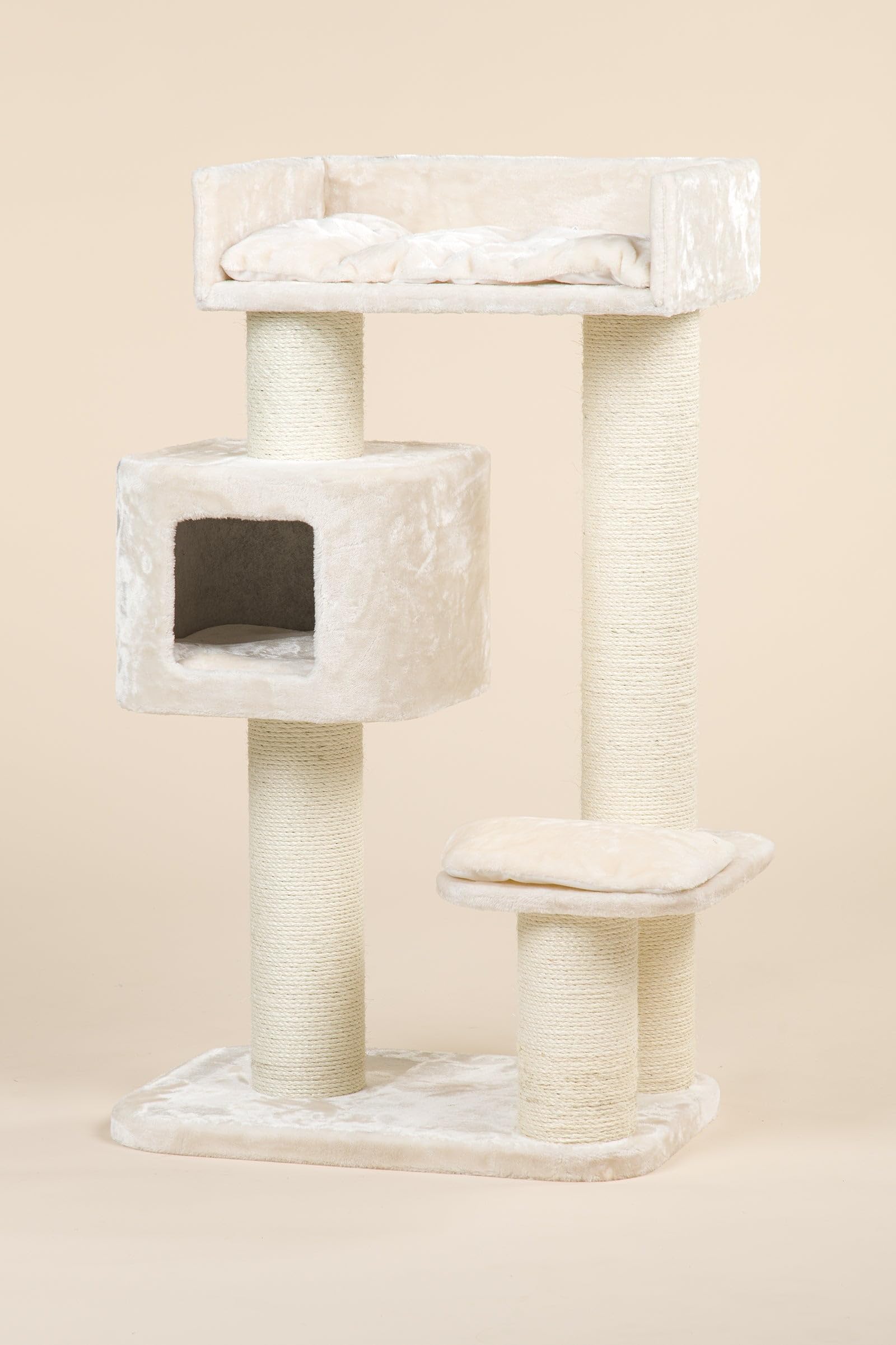 RHRQuality Árbol rascador para Gatos Grandes - Devon Rex - 120 cm de Altura - con Postes de sisal de 15 cm y casita para Jugar - Color Crema