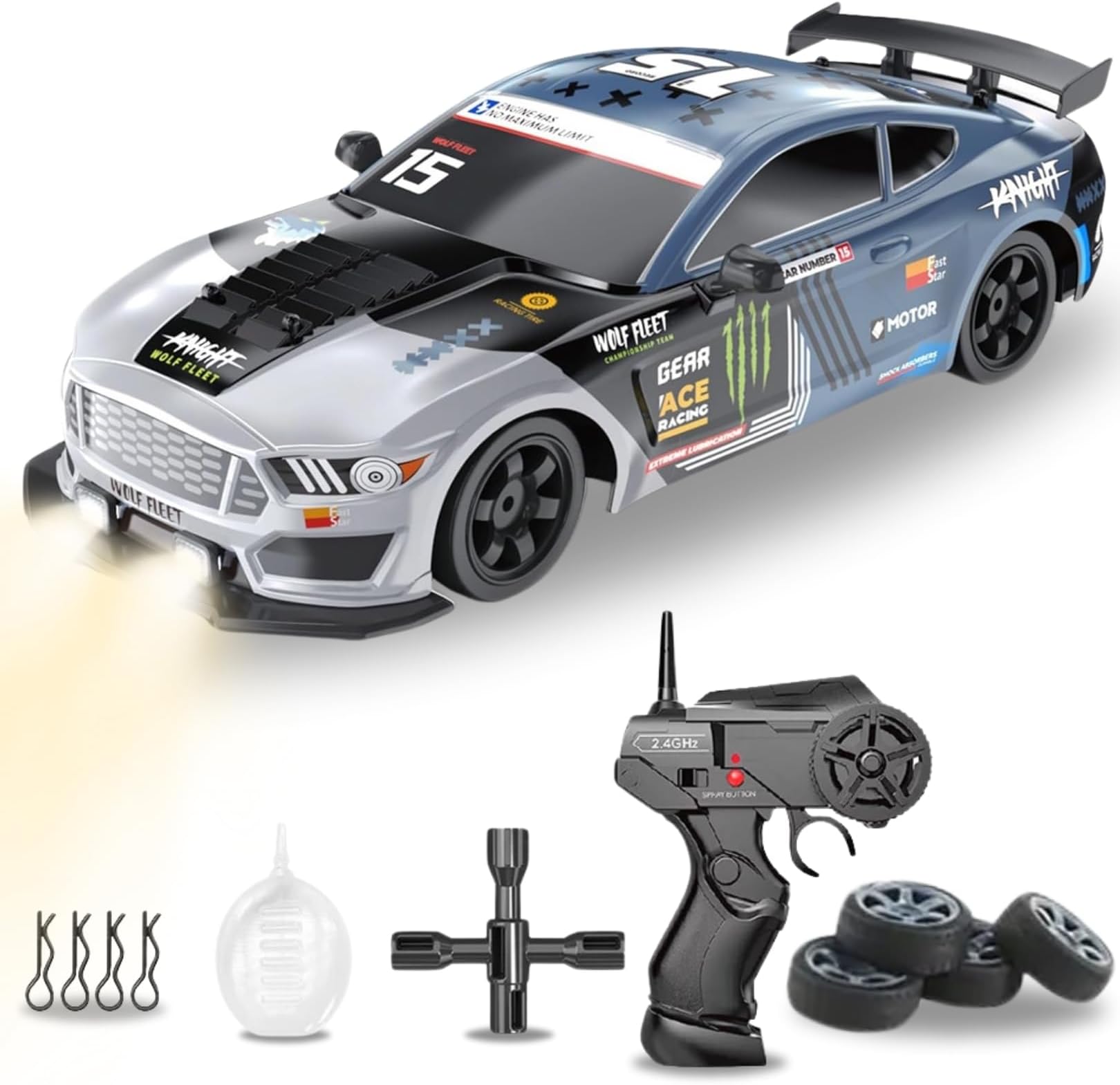 RC Drift Car 1/16 2.4GHz 4WD Remote Control Sport Racing On-Road Vehicle with LED Light, Batteries and Drift Tires (Silver)
