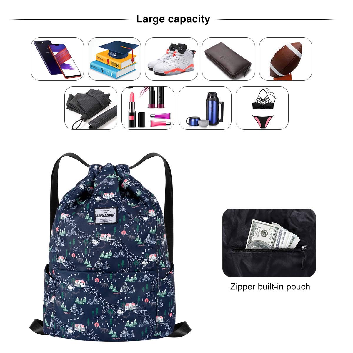 Impermeable Casual Mochila con Cordón Grande Deporte Bolso de Gimnasia Mochila de Cuerda Unisex para Mujer Hombre Vida Cotidiana Aire Libre Yoga Escuela Playa Nadar — view 3