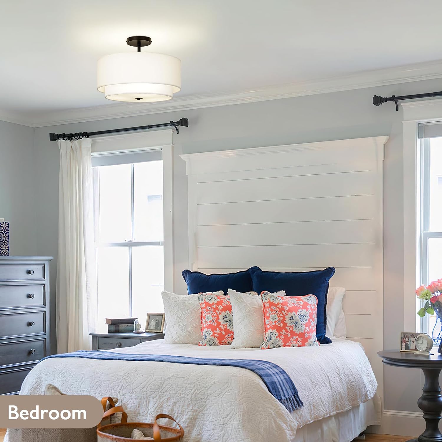 16" Dual Drum 3-Light Semi Flush Mount Ceiling Light, White Classic Fabric Linen Shade Design for Living Room, Bedroom, Kitchen, Dining Room, Hallway and Entryway