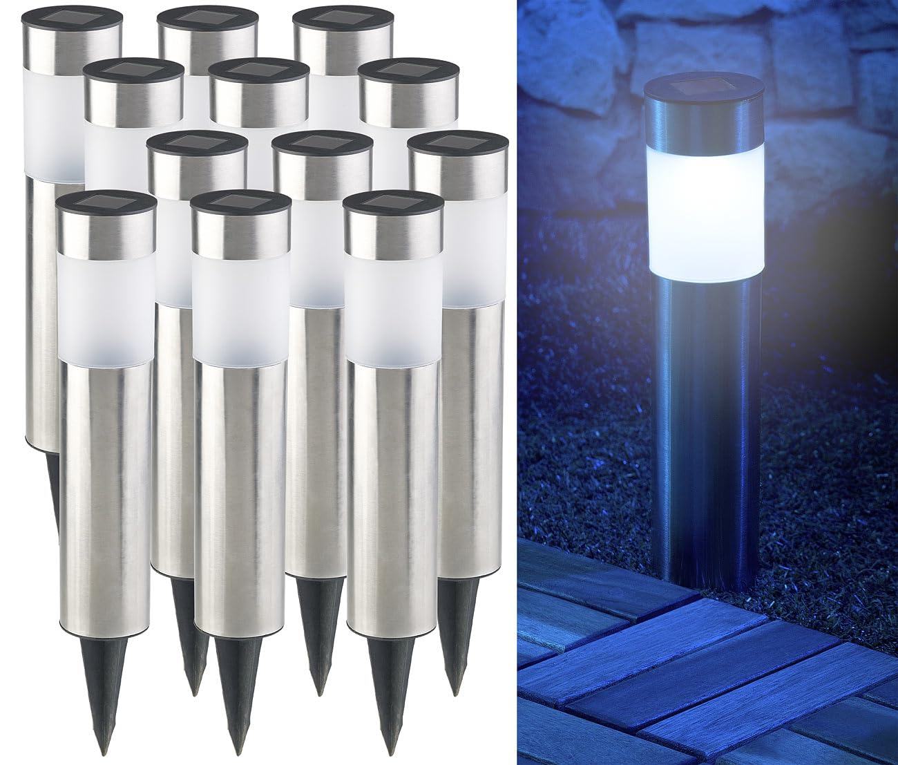 Lunartec Gartenlampe Solar: 12er-Set Elegante Edelstahl-Solar-LED-Wegeleuchten, mit Lichtsensor (Solarleuchten-Sets, Solarlampen Garten, Boden)
