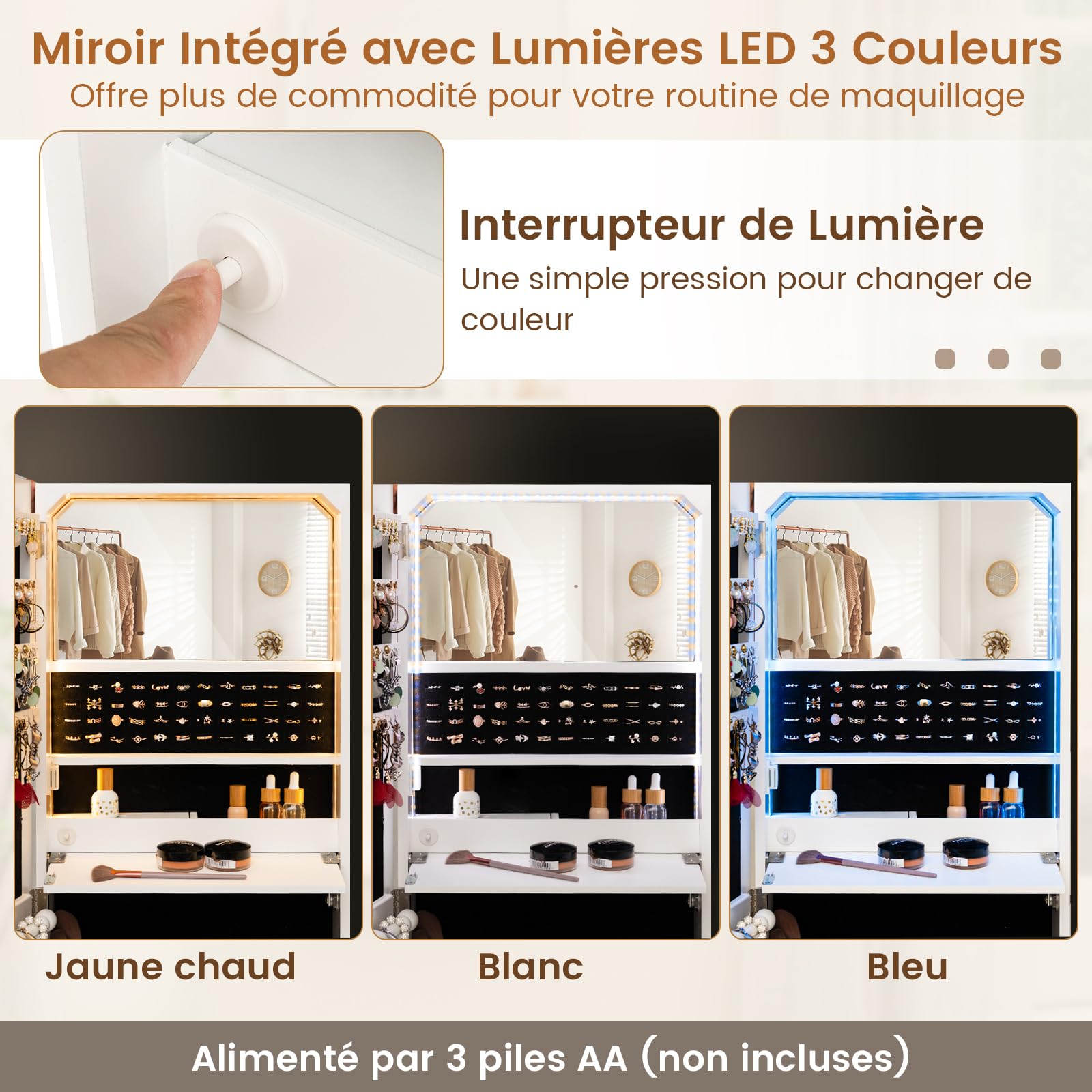 COSTWAY Armoire à Bijoux Murale 120 cm, Lumières LED, Miroir Sans Cadre Pleine Longueur, Miroir Intégré, Étagère de Maquillage Pliable, Tiroir de Rangement, Verrouillable, Blanc