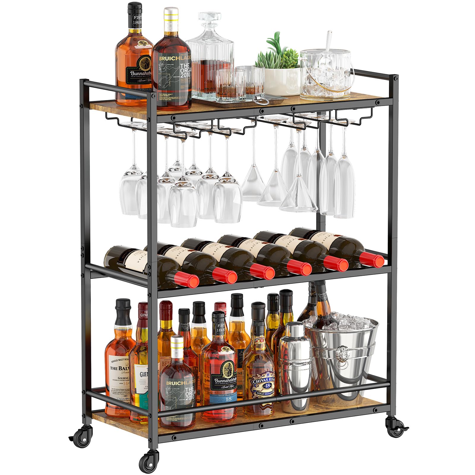 Lifewit Carrito Auxiliar 3 Niveles con Ruedas bloqueables, Soporte para Botellas y portavasos, Carro Auxiliar Cocina, Ideal para Cocina, Comedor o Sala de Estar, 63,2 x 30 x 81,5 cm, marrón rústico