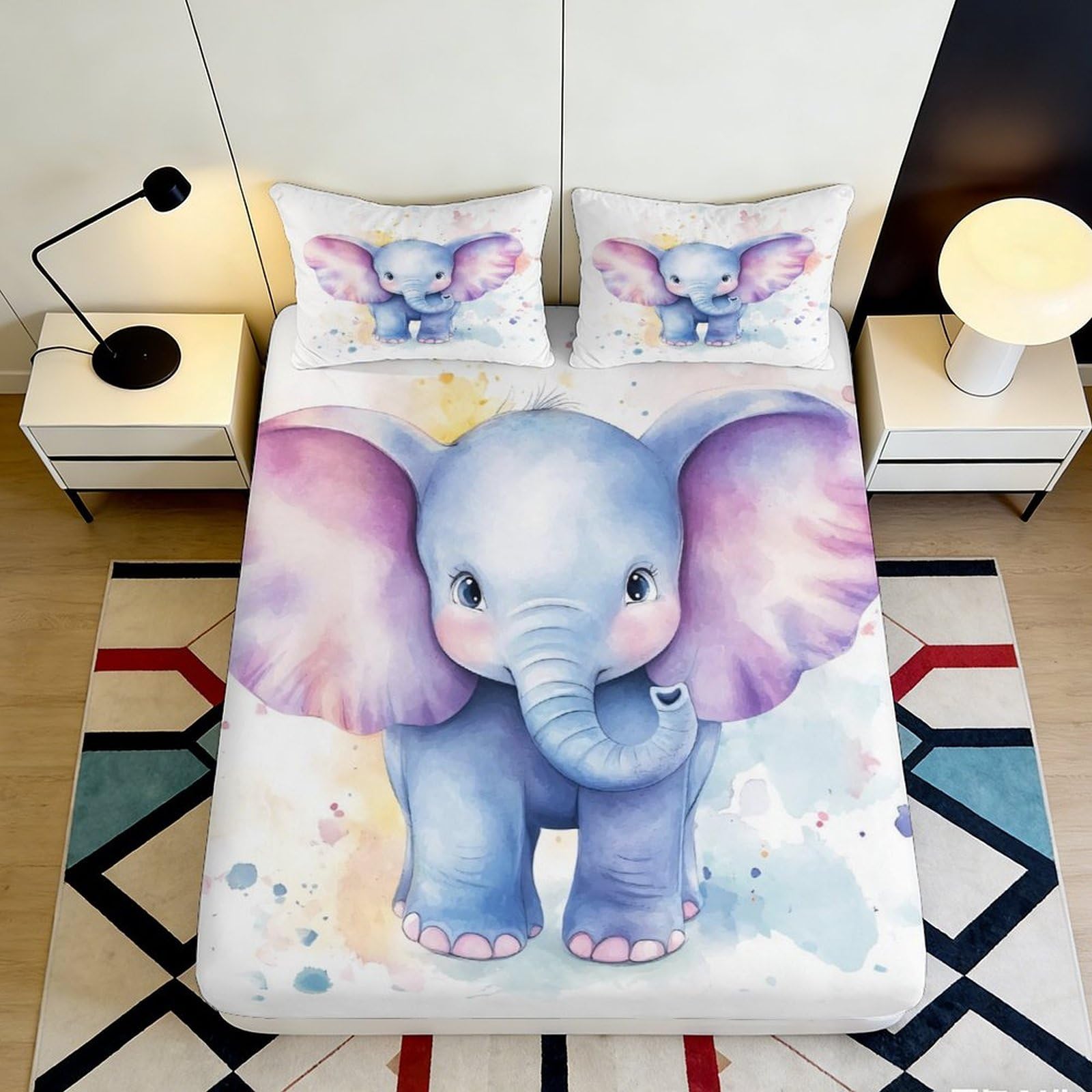3D Printed Elephant Fitted Sheet Microfiber Deep Pocket Non-Slip Elephant Mattress Fitted Cover for Bedroom Washable 200x200x25cm 90x200x25cm