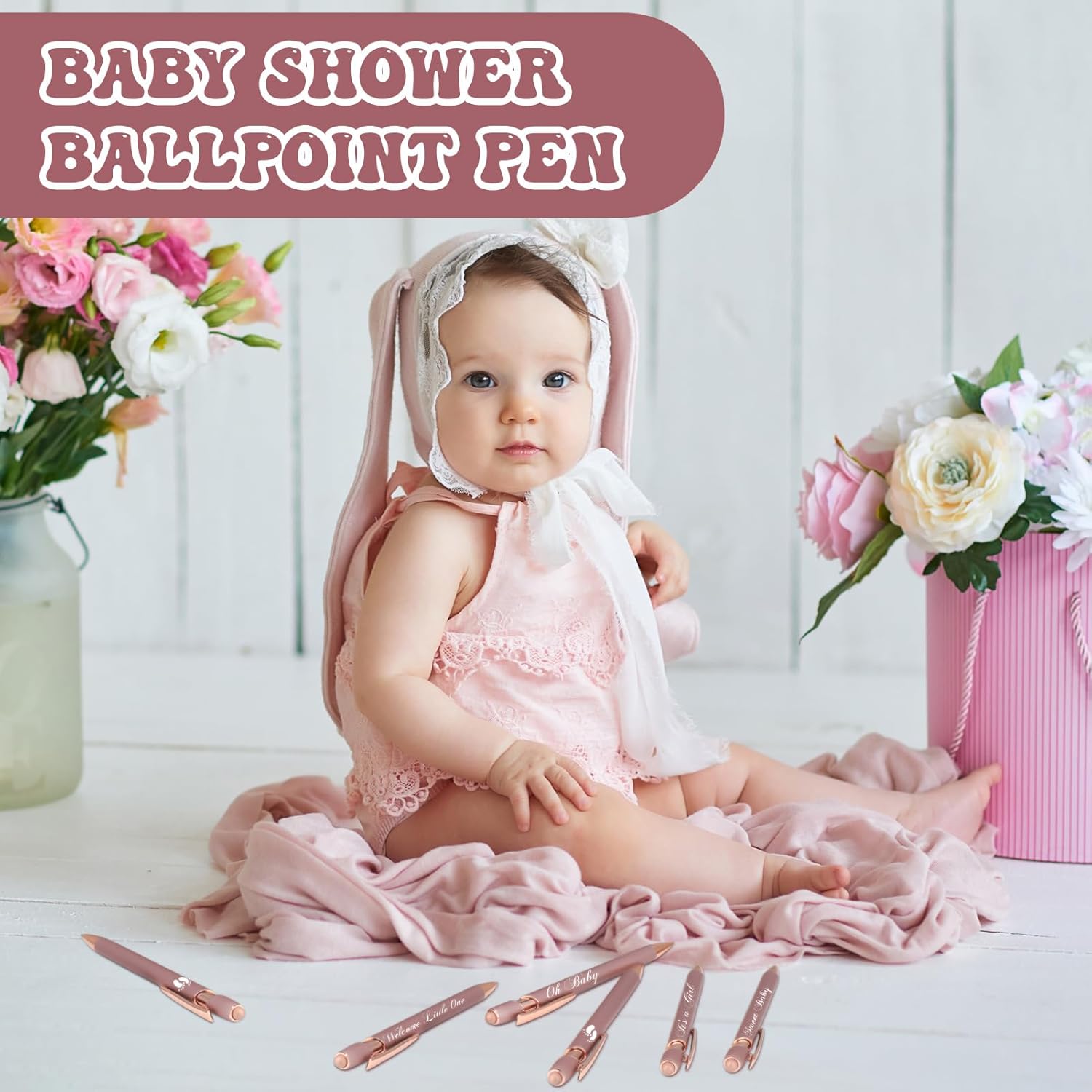 Jspupifip 50 Pcs Baby Shower Pens with Stylus Tip Metal Retractable Baby Shower Pens Girls Black Ink Baby Pens Bulk It's a Girl Pens for Baby Shower Favors Guests School Supply (Rose Gold)