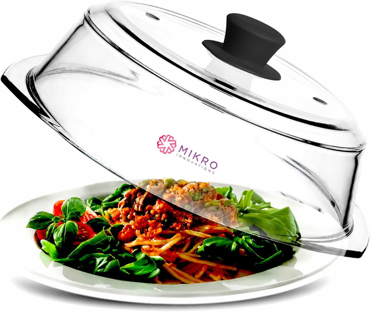 Tall Glass Microwave splatter cover | Sturdy clear 100% food safe BPA free glass lid with easy grip silicone handle | Heavy-duty glass for longer life, Dishwasher safe for easy cleaning - 10.5in