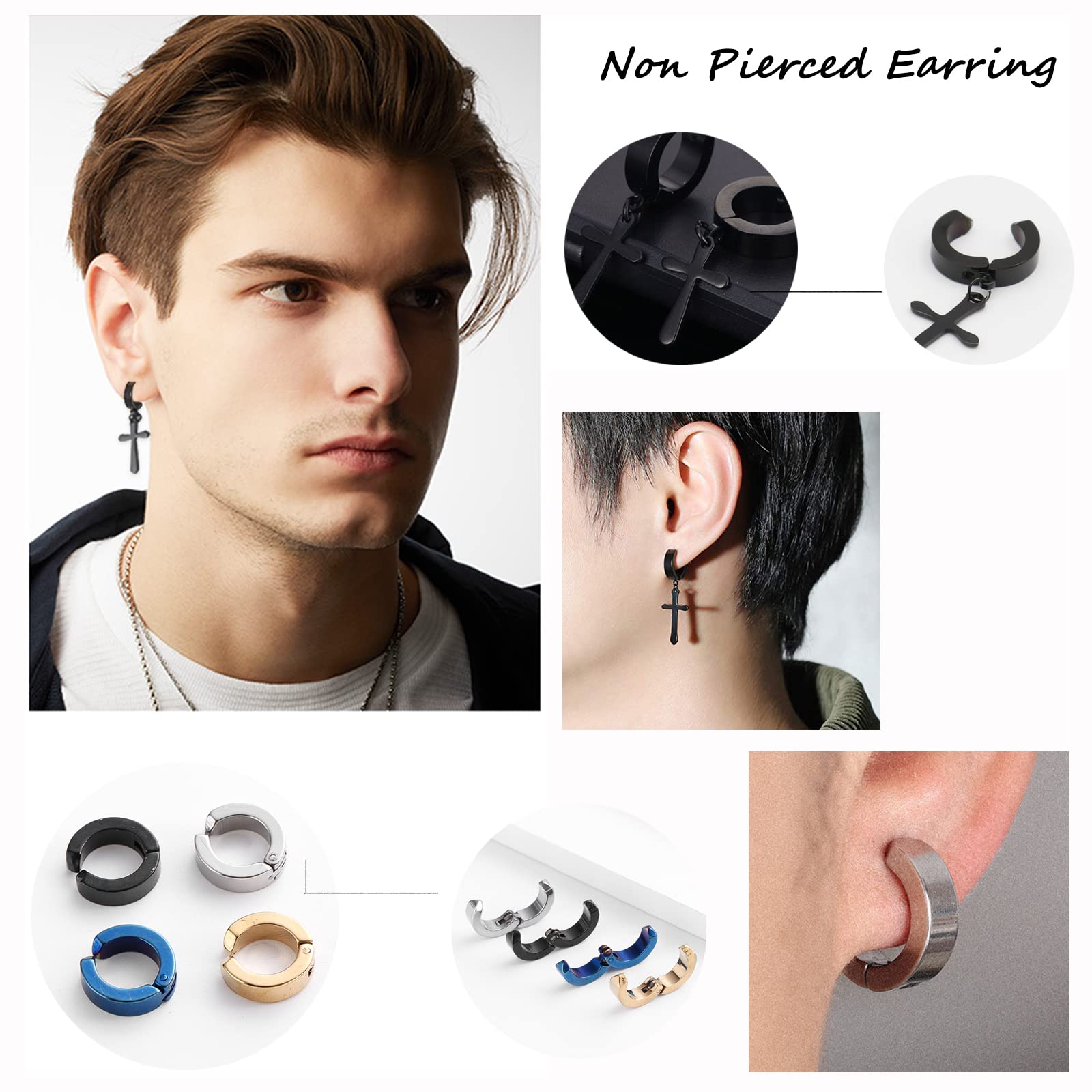 Juego de 16 pares de aretes magnéticos para hombres y mujeres, de acero inoxidable 316L, aretes de aro con clip sin perforación, aretes de circonita cúbica, Metal, Circonia cúbica 4