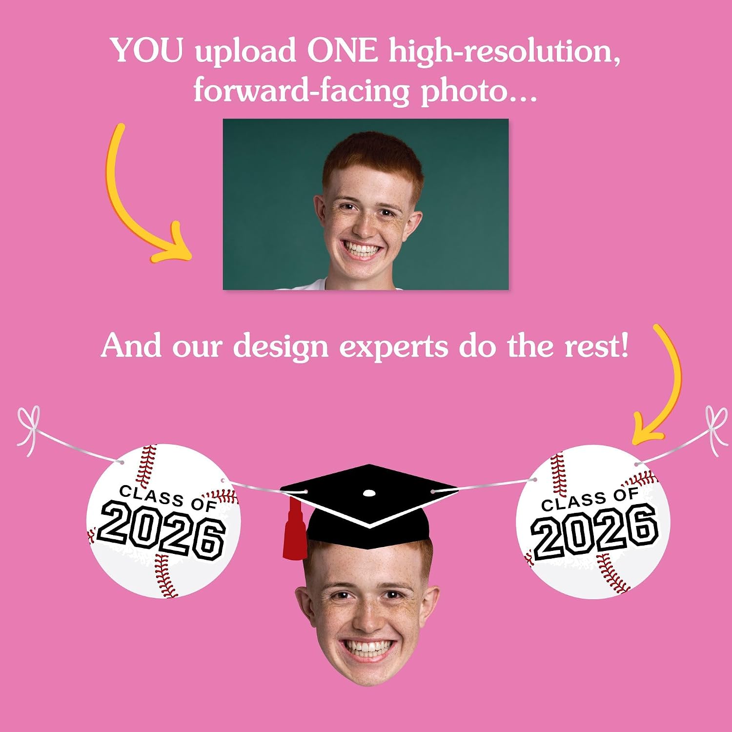Big Dot of Happiness Custom Photo Baseball Graduation Garland Banner, Personalized Grad Party Decoration, Face Cutout Banner Backdrop, 30 Feet of Cord, 5 2026 Shapes & 5 Faces with Grad Caps
