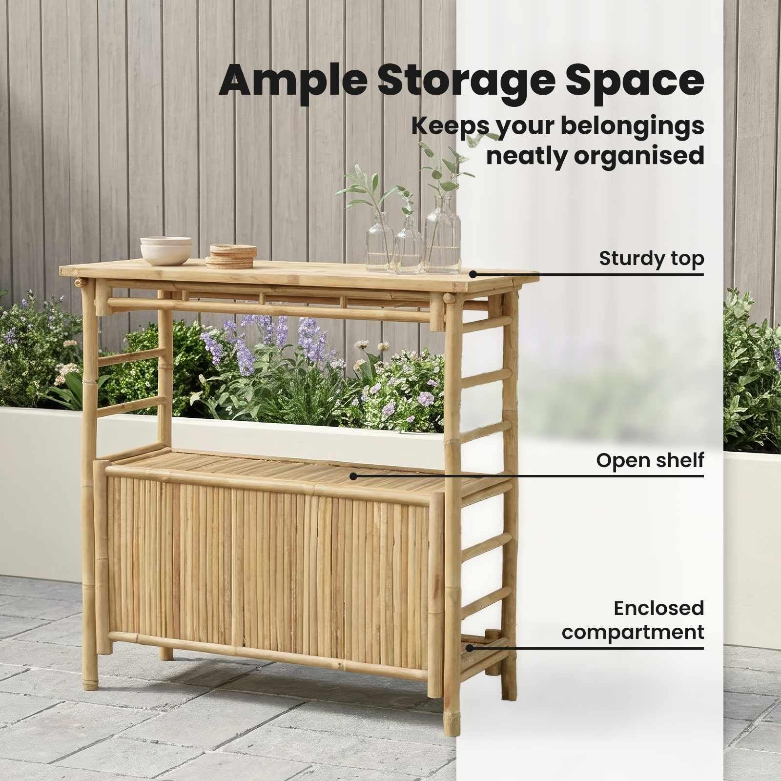 vidaXL Outdoor Bartisch mit Speicher Natur 110 x 50 x 105 cm Bambus, Stylischer Bar-Tisch, robust für Sommerpartys, Gartenfest, umweltfreundliches Design, minimalistisch und chic