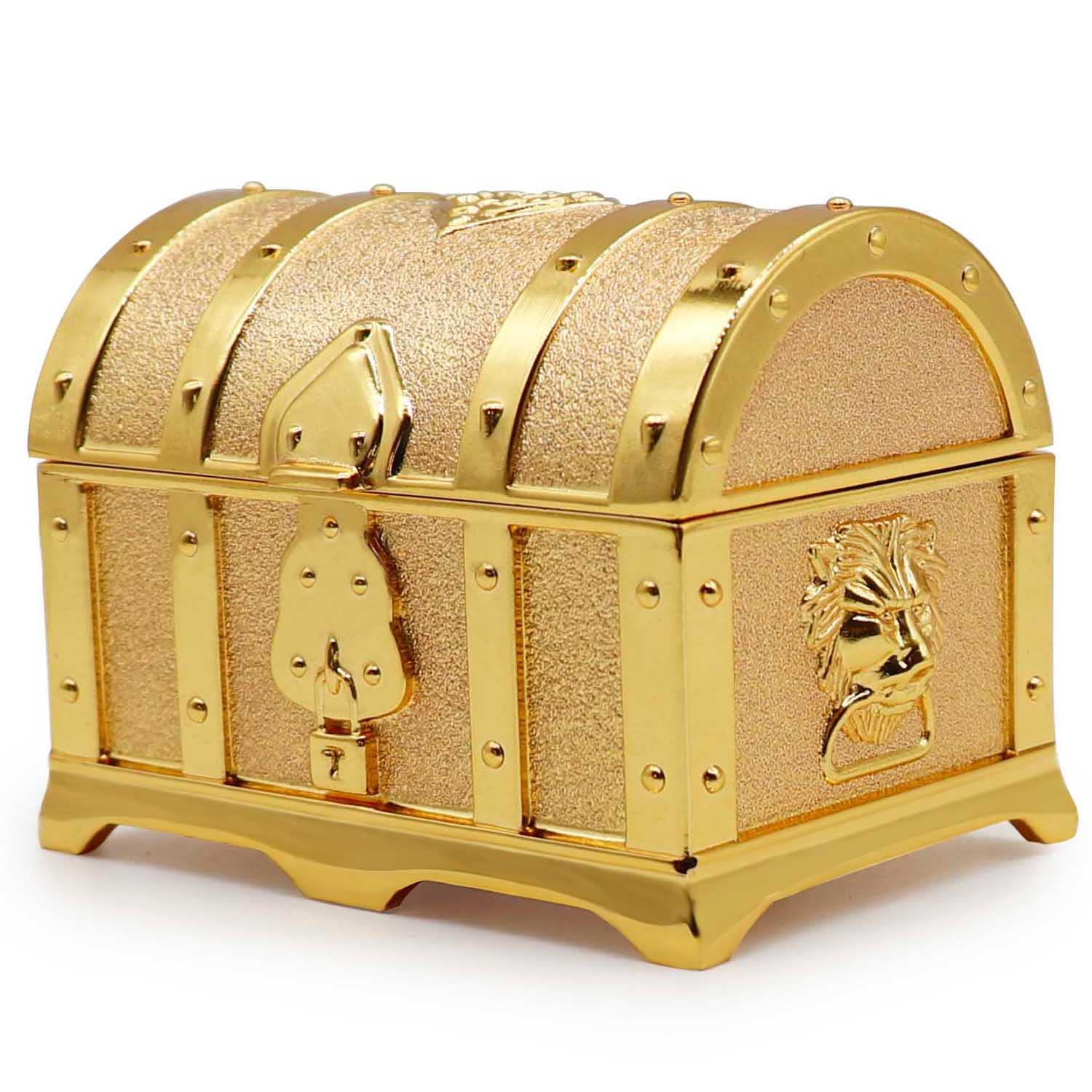 Rectangle Vintage Metal Treasure Chest Trinket Jewelry Box Gift Box Ring Case for Girls Ladies Women, Small, Gold