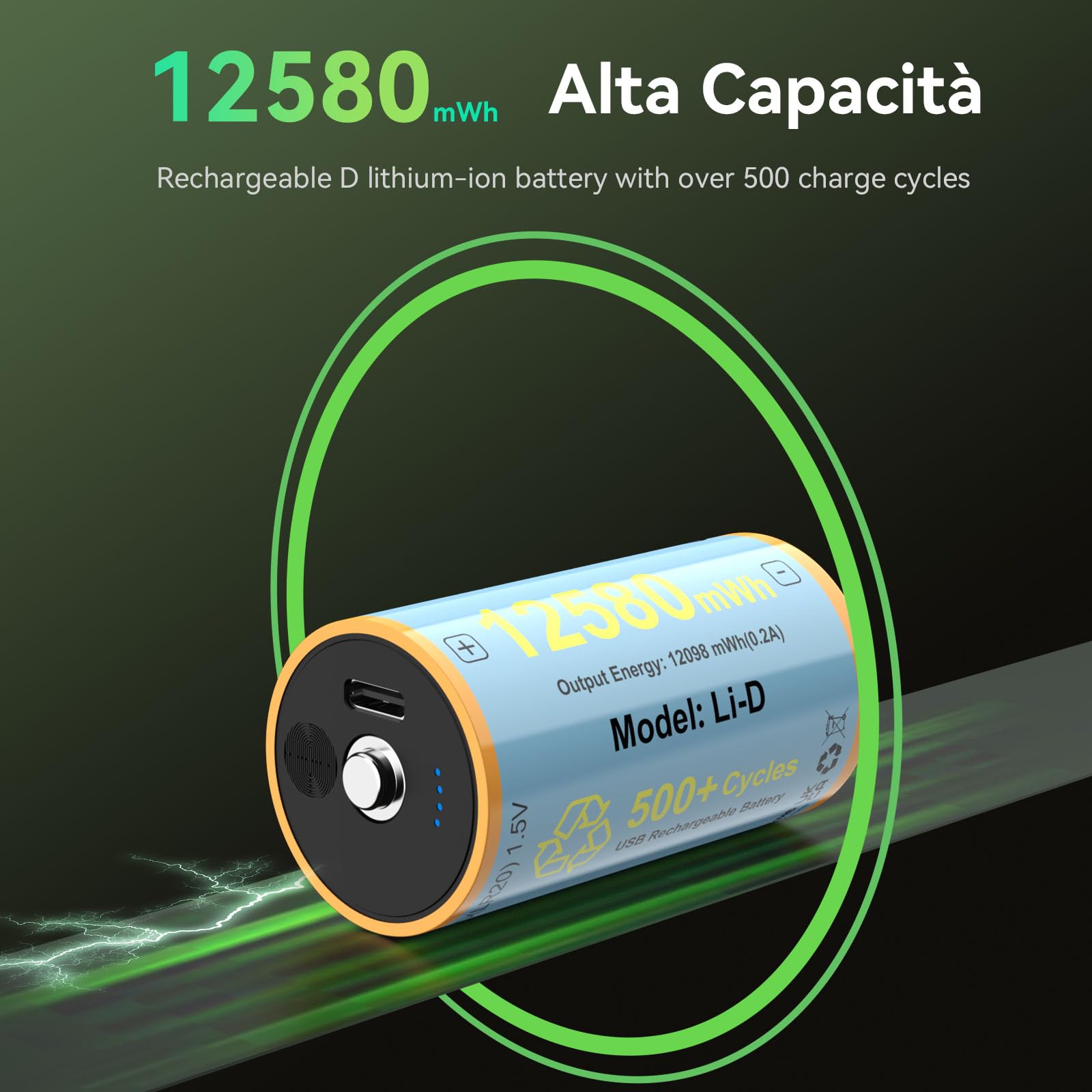 4 batterie ricaricabili 1,5 V Li-ION D/LR20 12580 mWh, ricarica diretta USB-C 5 V/1 A, cavo USB-C 4 in 1, display touch del livello, per campeggio, torce, radio, illuminazione di emergenza