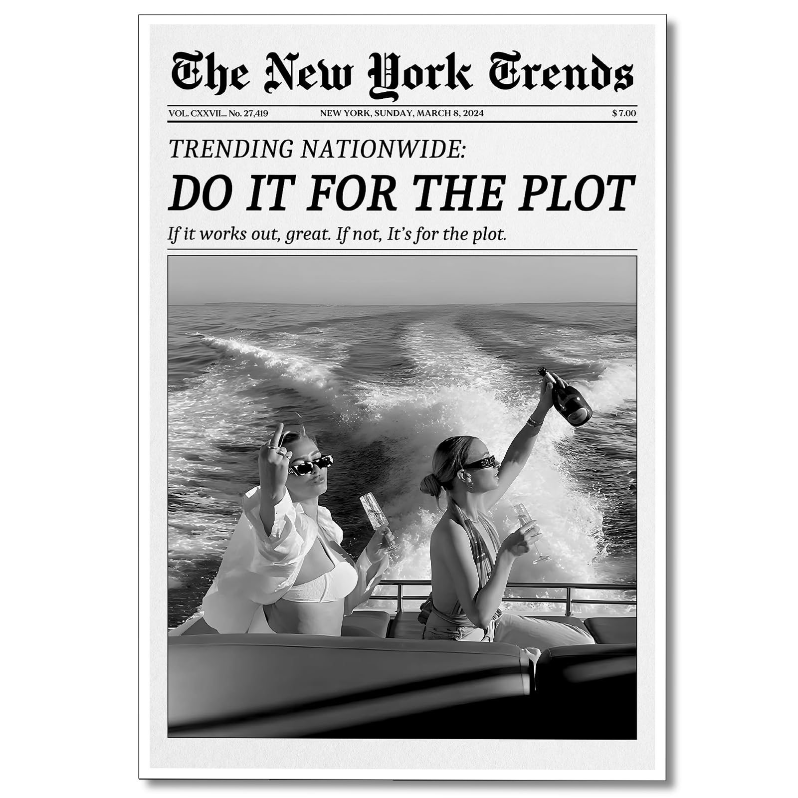 Osdfem Girls Black And White02 Trendy Black And White Canvas Wall Art, Funky Aesthetic Preppy Poster, Newspaper Do It For The Plot Art Print, Vintage Bar Cart Wall Decor, Dorm Apartment Picture 12X16in Unframed