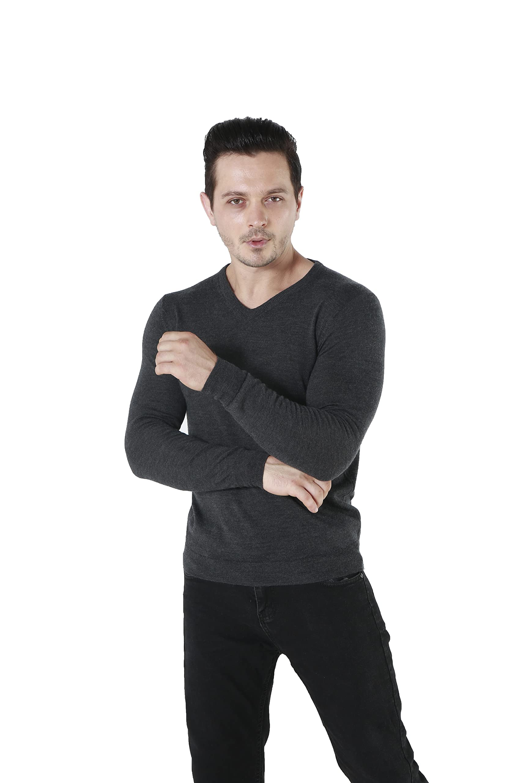 WOSICA Men's 100% Extrafine Merino Wool Knited Long Sleeve Pullover with V-Neck, Charcoal, S