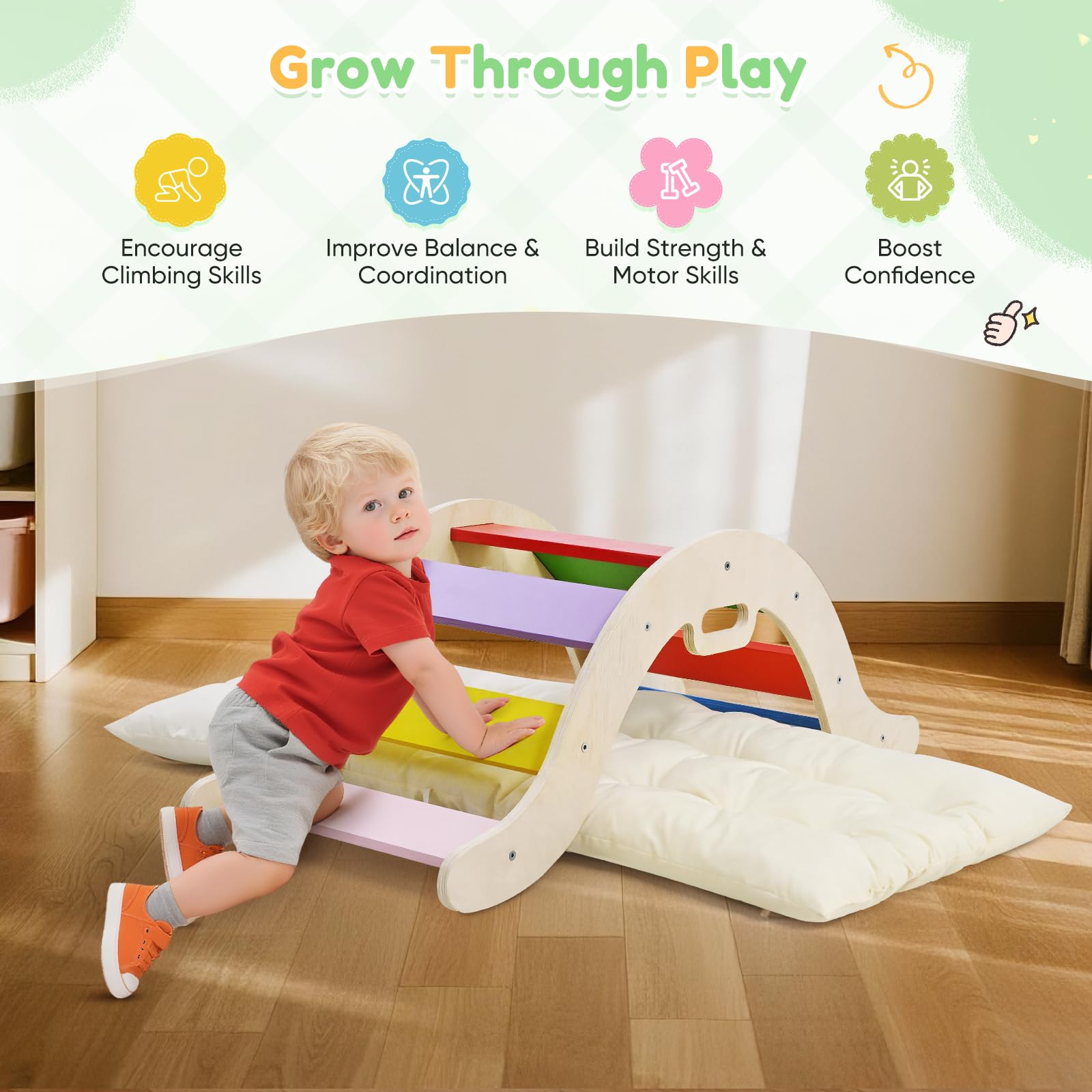 2 in 1 Arco da Arrampicata con braccioli, Arrampicata bambini in legno con cuscino, legno naturale, tappetino per i piedi antiscivolo, rinforzi delle staffe, Arco Montessori per bebè 1-6 anni