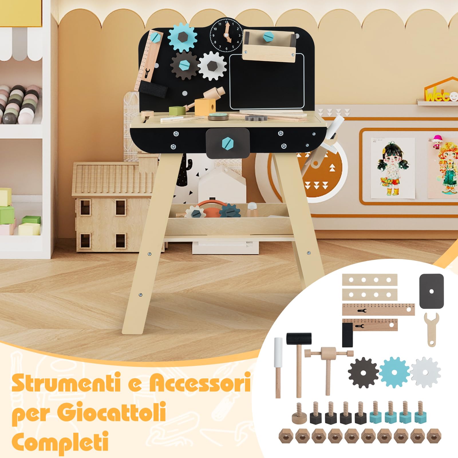 COSTWAY Banco da Lavoro in Legno per Bambini, Set Attrezzi Giocattolo con Martello, Cesello, Chiave Inglese, Ripiani e Ganci per Archivio, Tavolo da Lavoro Giocattolo Officina 3+ Anni