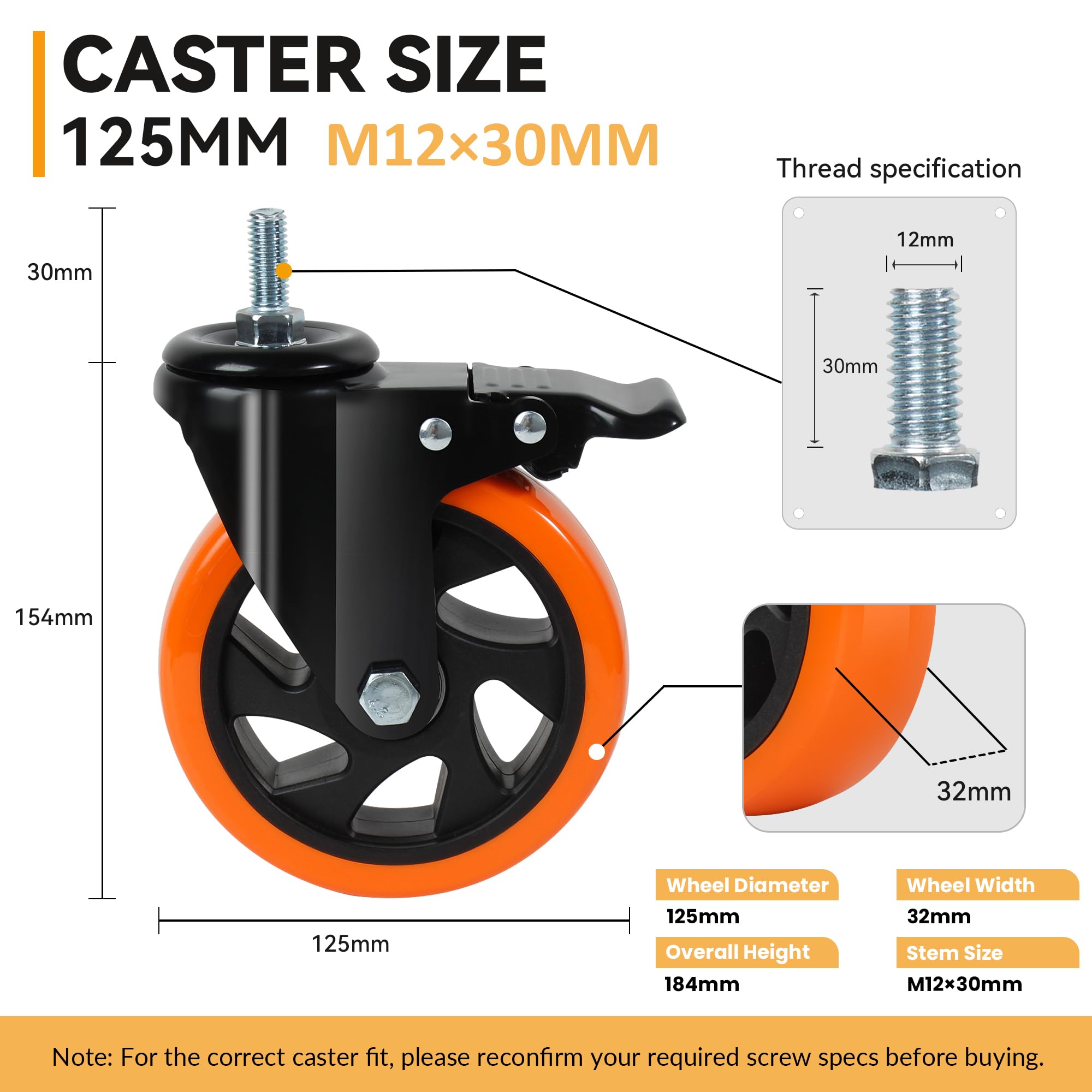 125mm per carichi Pesanti Ruote M12 × 30mm Set da 4 Antitraccia Perno Ruote girevoli con Freno 700KG Totale capacità di carico Lockable Scorrimento Fluido per Mobili e Banchi da Lavoro