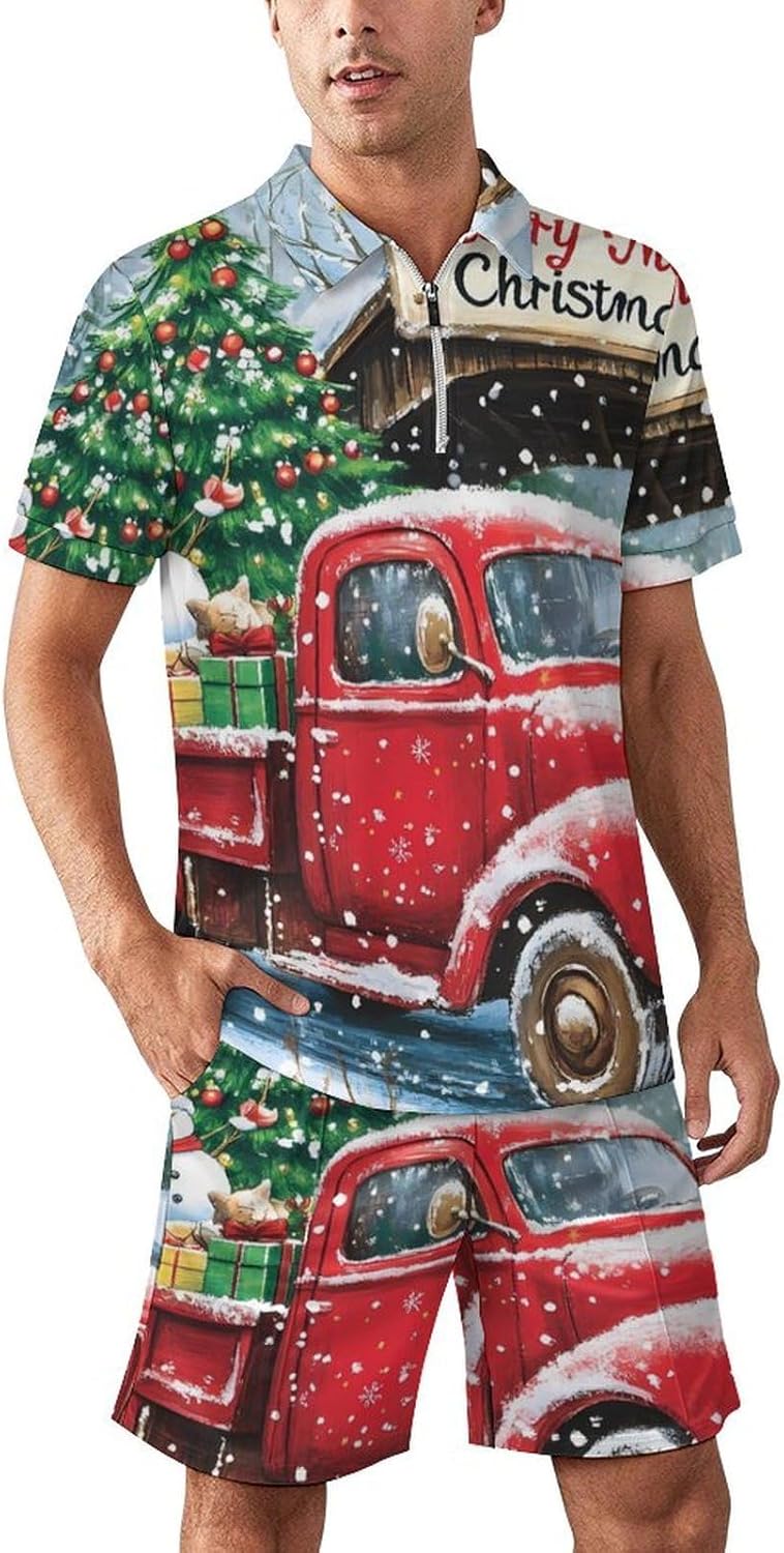 Christmas Red Truck Mens Polo Shirts Track Suits 2 Piece Short Sleeve Sweatsuit 1/4 Zip Golf Loungewear for Sports