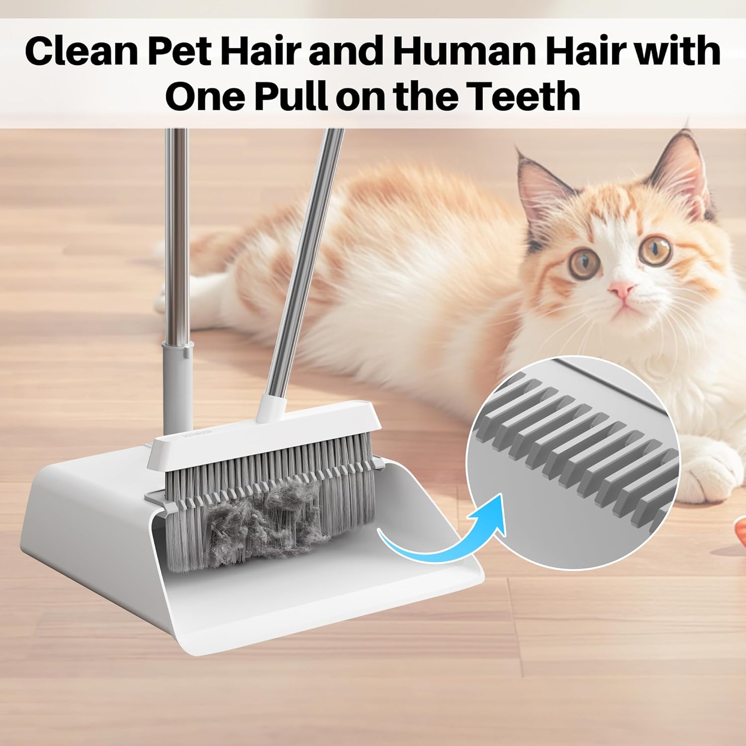 JOYMOOP White Broom and Dustpan Set, Upright Angle Design with Built-in Comb Teeth for Kitchen, Office, Pet Hair, Hard Floors - Image 7