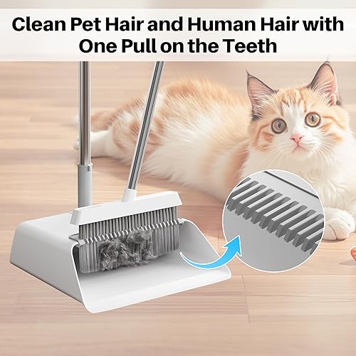 Miniatura 7 de JOYMOOP Juego de escoba y recogedor blanco, diseño angular vertical con dientes de peine incorporados para cocina, oficina, pelo de mascotas, suelos