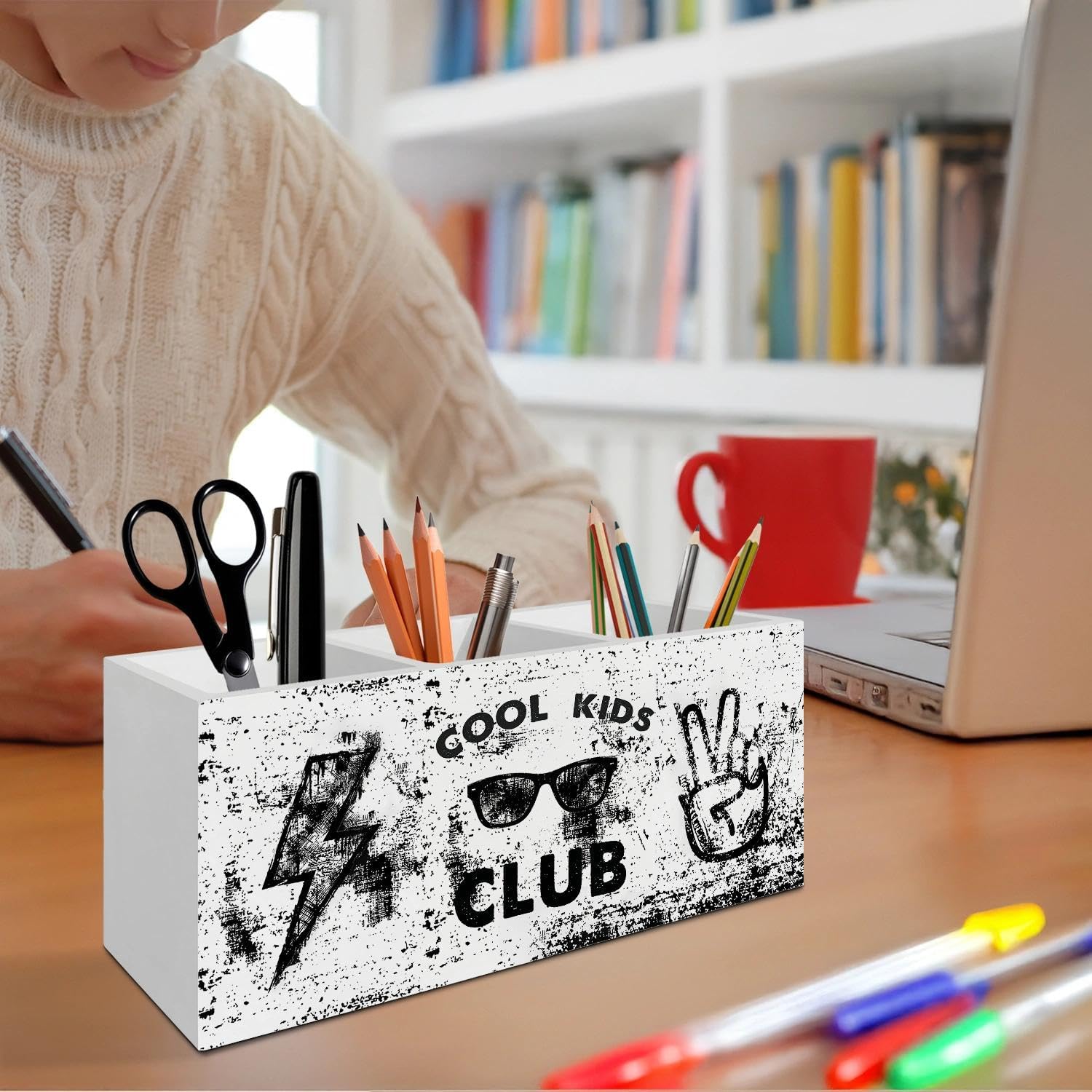 Boys Room Decor Pen Pencil Holder Organizer for Desk Accessories, Cool Kids Club Black and White Wooden Box Signs Decorations for Kids Boys Room Bedroom Classroom Desk Tabletop image 4