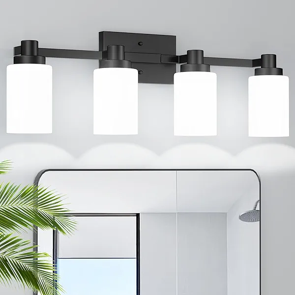 4-Light Bathroom Light Fixtures Over Mirror, Modern Matte Black Vanity Lights with Milky White Glass Shade, E26 Base, for Bedroom, Restroom, Living Room, Hallway, Bulbs Not Included