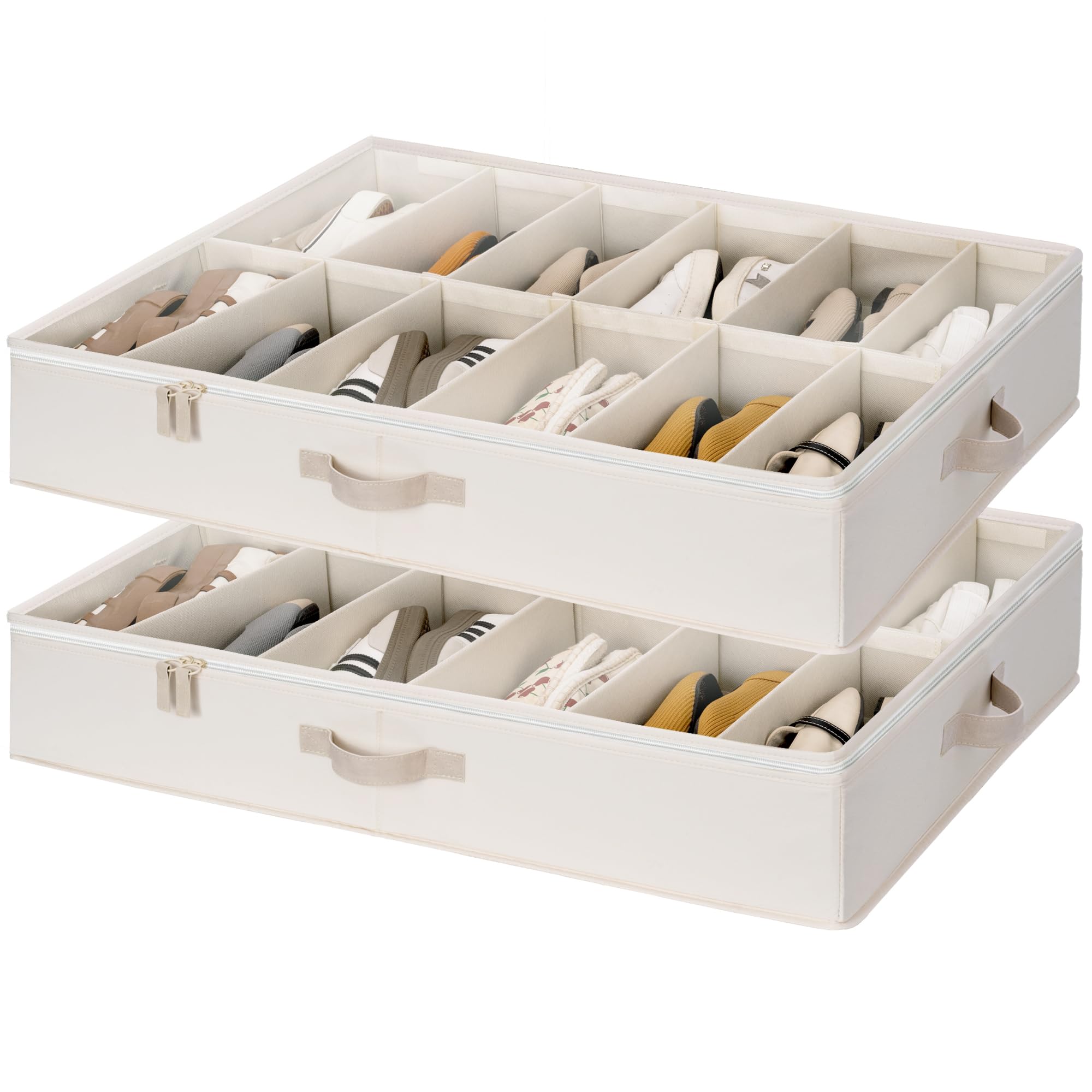 StorageWorks Underbed Shoe Organiser for Closet, Fits up to 24 Pairs, Ultra-thick Fabric Under-Bed Shoe Storage Containers with Bottom Support and Adjustable Dividers, Ivory White, 2-Pack