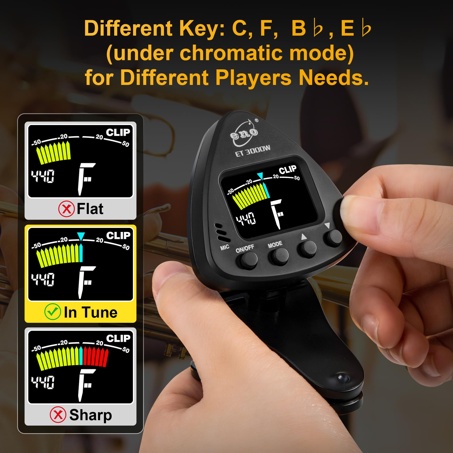 ENO MUSIC Professionelles Stimmgerät für Altsaxophon mit farbigem LCD-Display – solides Blasinstrumentenstimmgerät, Saxophon-Zubehör für Musiker