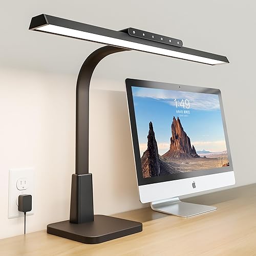 Lámpara de escritorio LED para oficina en casa con base, luz regulable para computadora con funciones de memoria y temporizador, cuello de cisne
