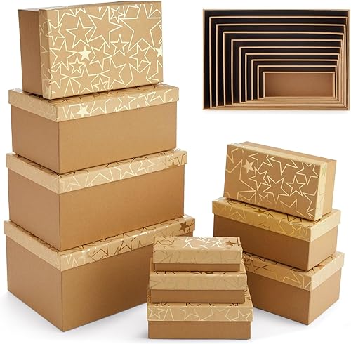 Sparkle and Bash Juego de 10 cajas de regalo anidables con tapas, caja de cartón con diseños de estrellas doradas (10 tamaños)