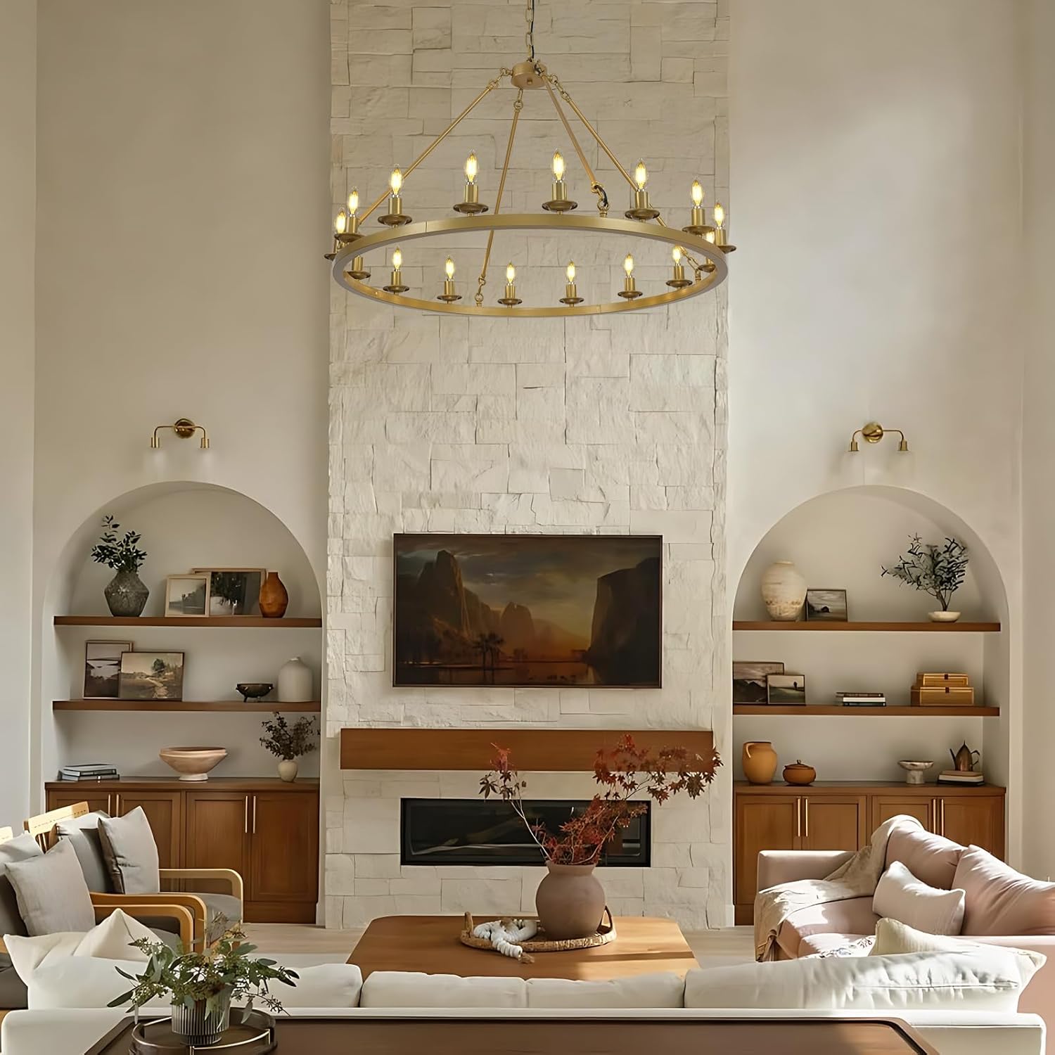 40" Gold Wagon Wheel Chandelier, Farmhouse Round Chandeliers for Dining Room, 16-Light Modern Brass Living Room Chandeliers Ceiling Fixtures for Bedroom, Foyer, Entryway, Staircase, Kitchen