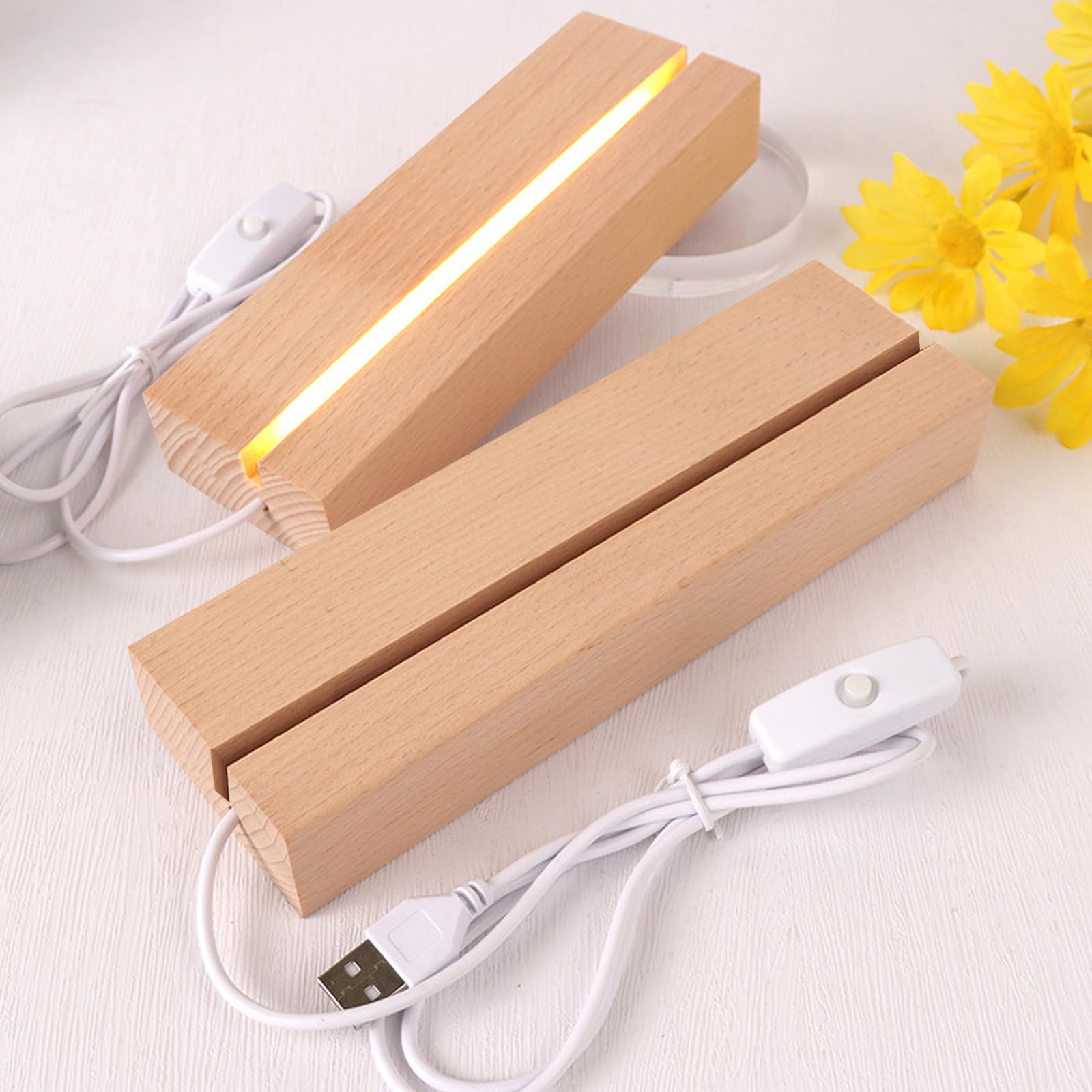 Mecctuck Base de visualización de luces LED, base de 3 unidades, base de luz, base de madera, base de pantalla LED, base de madera iluminada, base de luz USB iluminada, base rectangular de madera