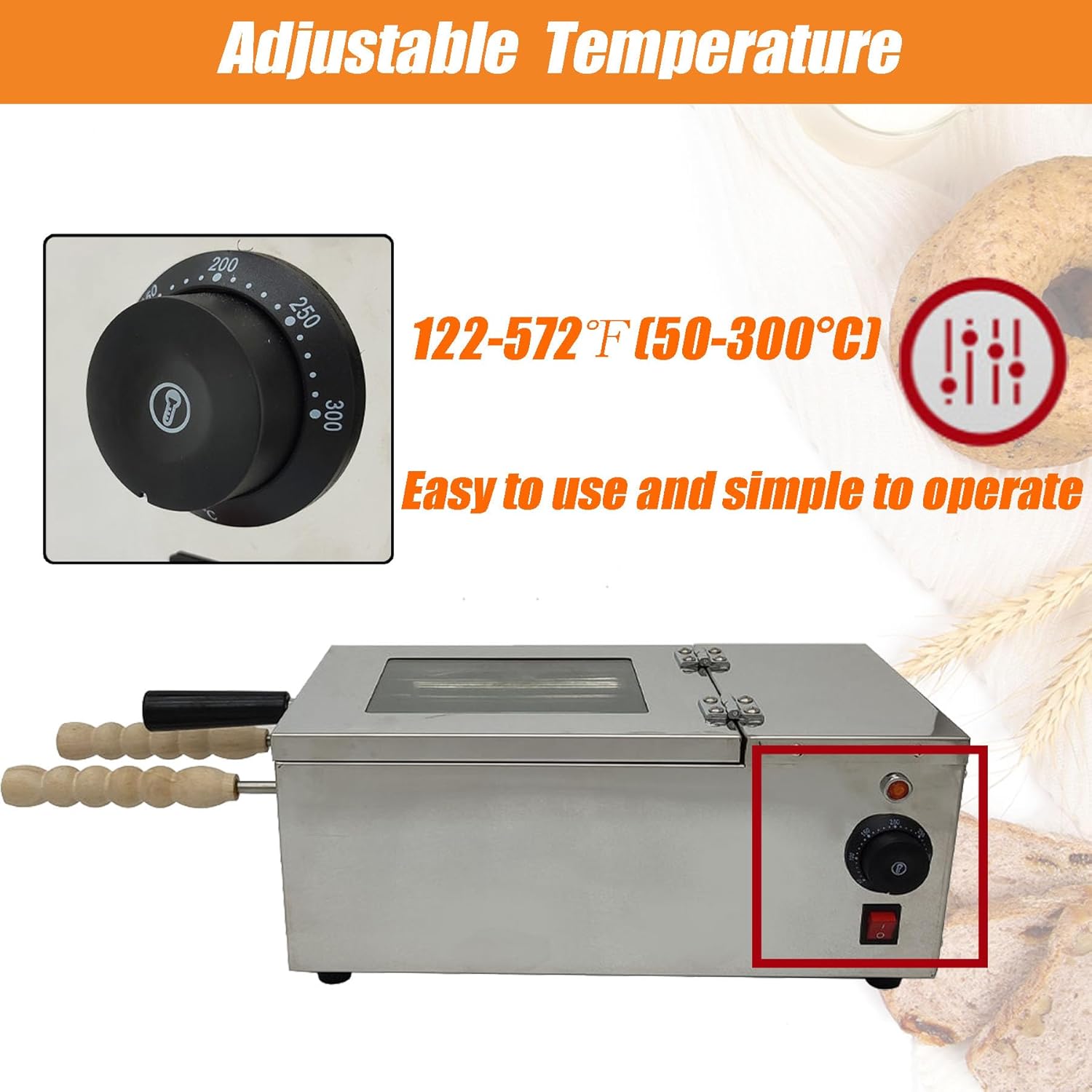 TECHTONGDA Chimney Cake Machine Oven Electric Chimney Bread Roll Maker, Commercial Ice Cream Cone Maker with 2 Stainless Steel Molds and Wooden Handles for Bakery Family Kitchen 110V