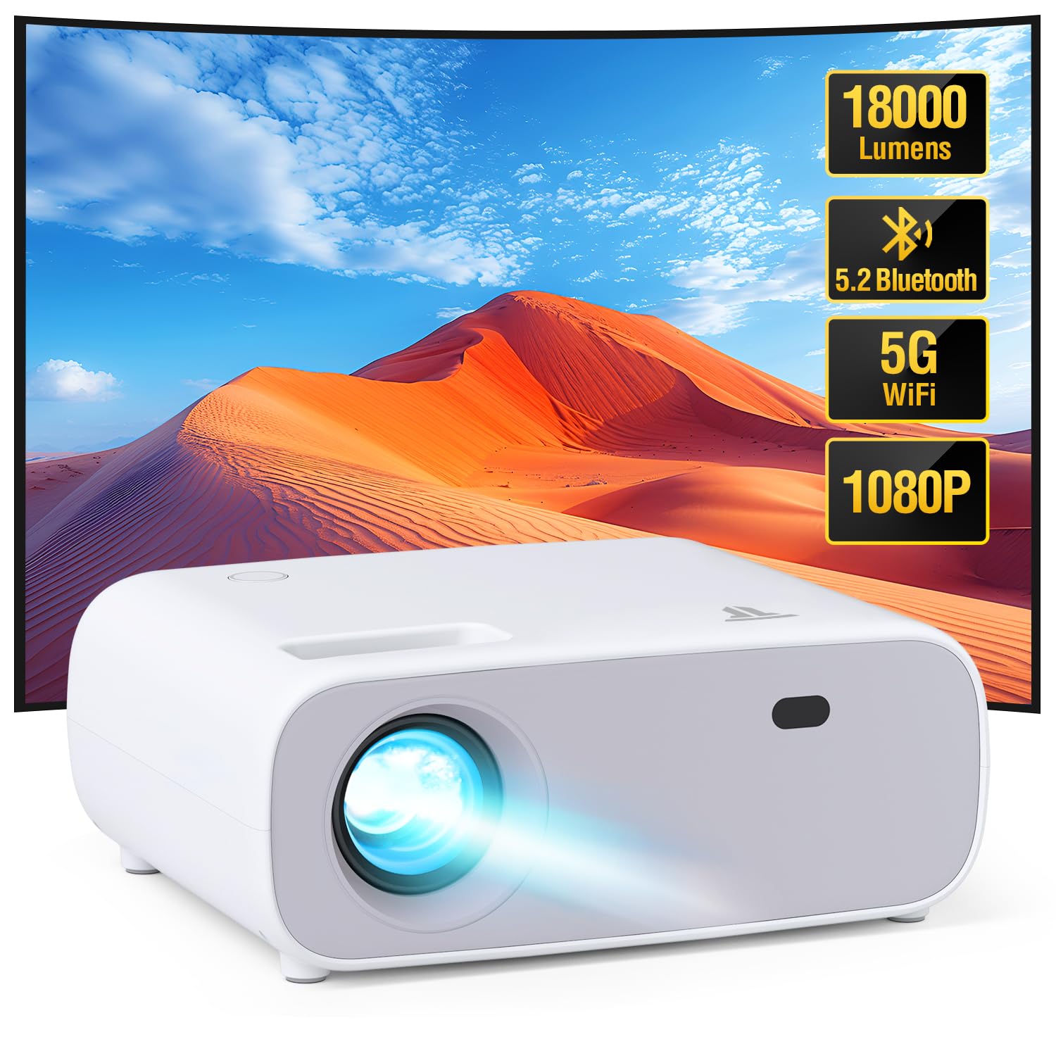 Mini vidéoprojecteur avec WiFi Double Bande et Bluetooth 5.2, Full HD 1080P, 18000 lumens avec Support 4K, Compatible avec PS5 et Switch, retroprojecteur d'affichage HD（Gris）
