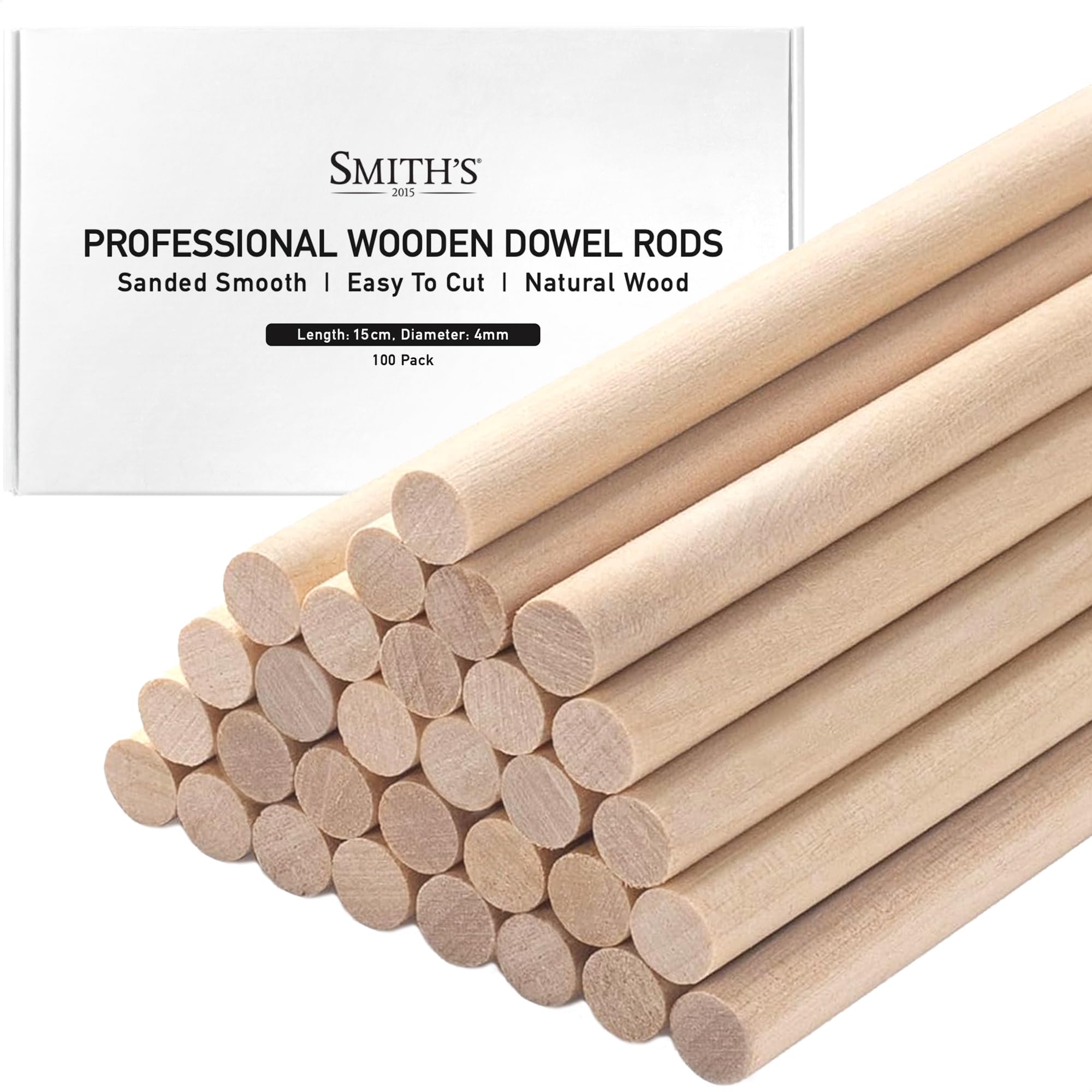 Wooden Dowel Rods by Smith’s® (100 Pack / 15cm x 4mm) | Unfinished, Natural, Organic Wood Sticks | FSC Approved | Perfect for Craft Projects, DIY, Art Works, Woodcraft, & More!