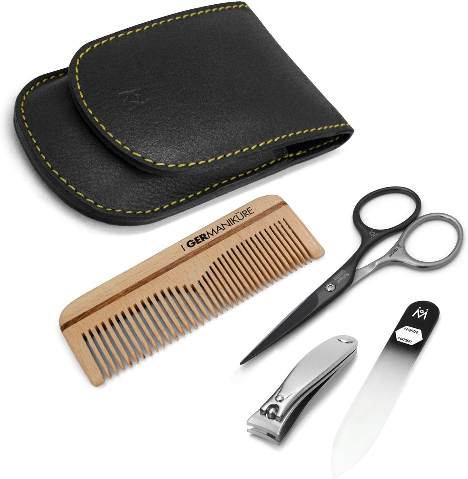 GERMANIKURE 4pc Mens Grooming Set in Leather Case- Handmade in Solingen Germany, FINOX Stainless Steel: SELF SHARPENING Beard and Nose Trimmer Scissors – Professional Nail Care