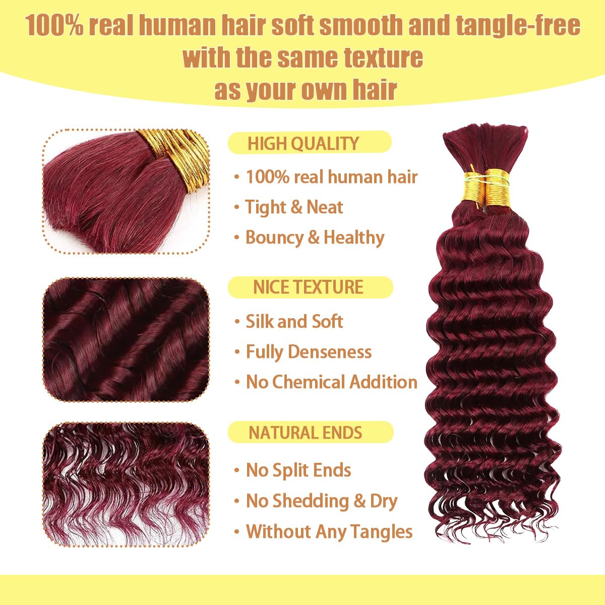 Human Braiding Hair for Boho Braids 22 Inch 110g 2 Bundles/Pack Deep Wave 12A Curly Brazilian Virgin Hair Extensions No Weft Knotless Bulk 1B Black