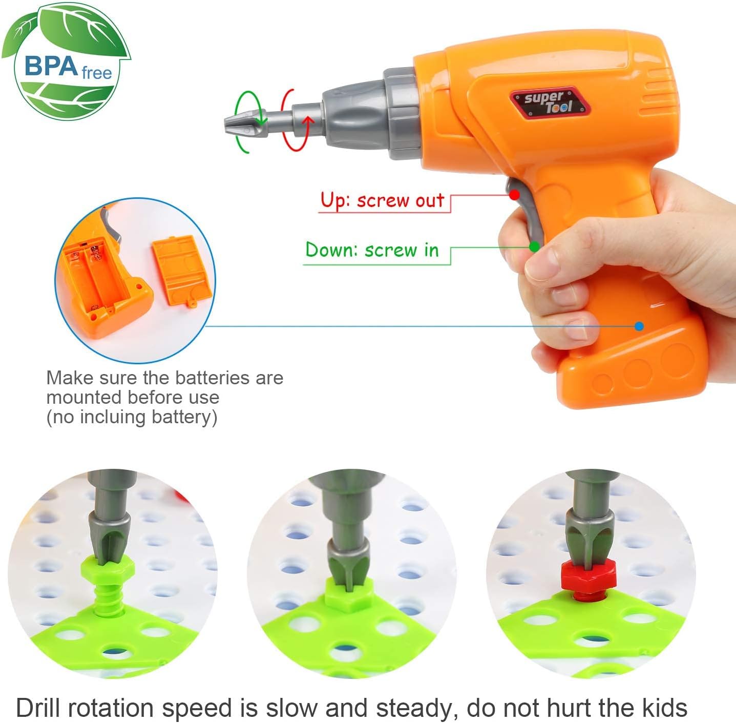 Close-up of the electric drill showing the battery compartment and instructions for screwing in and out, with three images demonstrating the drill's slow rotation speed for safety.