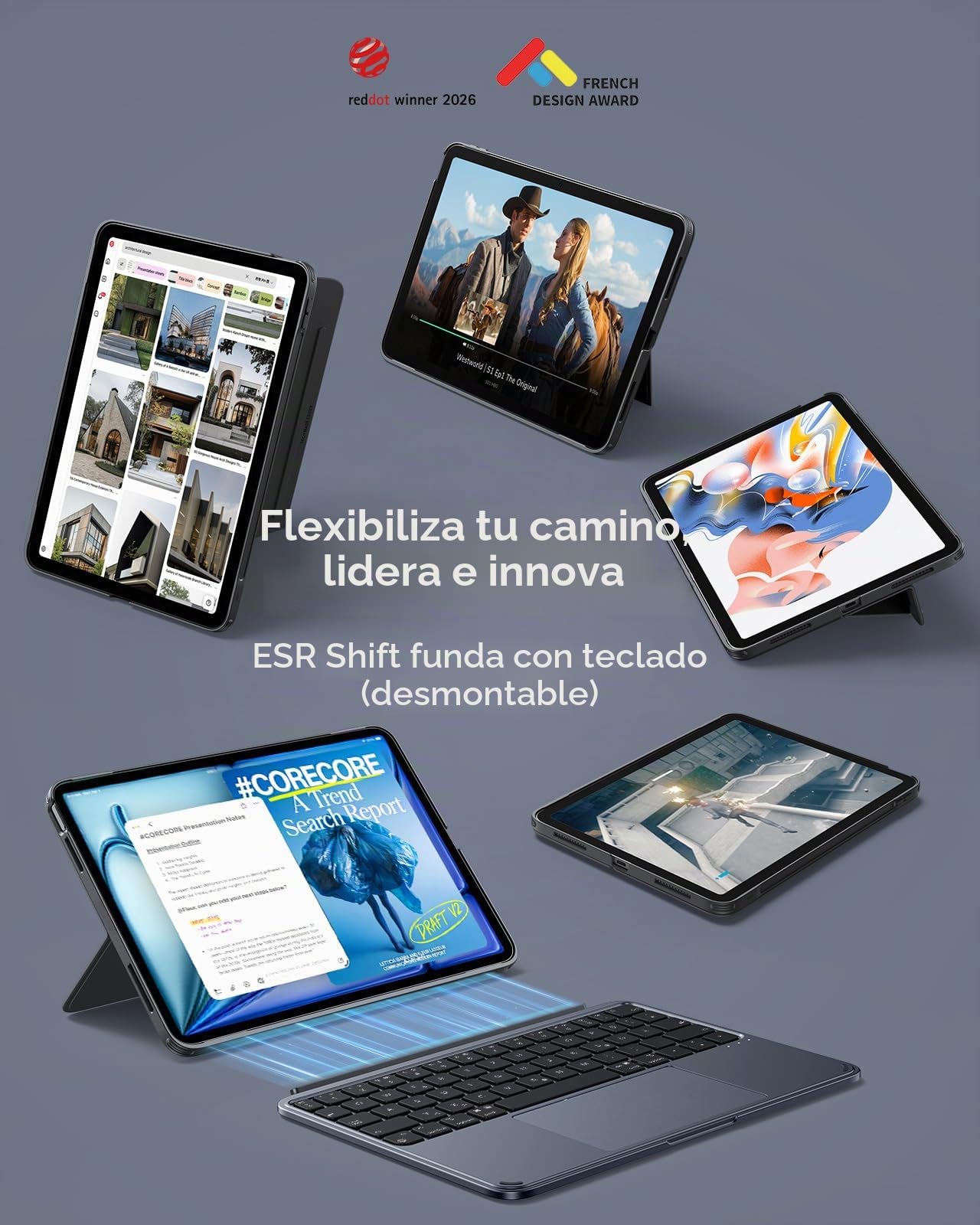 ESR Funda con Teclado para iPad 11 (A16) 2025/10.Gen, Soporte multiángulo | Teclado Magnético Desmontable, Vertical y Horizontal, Gran Trackpad, Teclas Retroiluminadas, DEU QWERTZ, Gris oscuro
