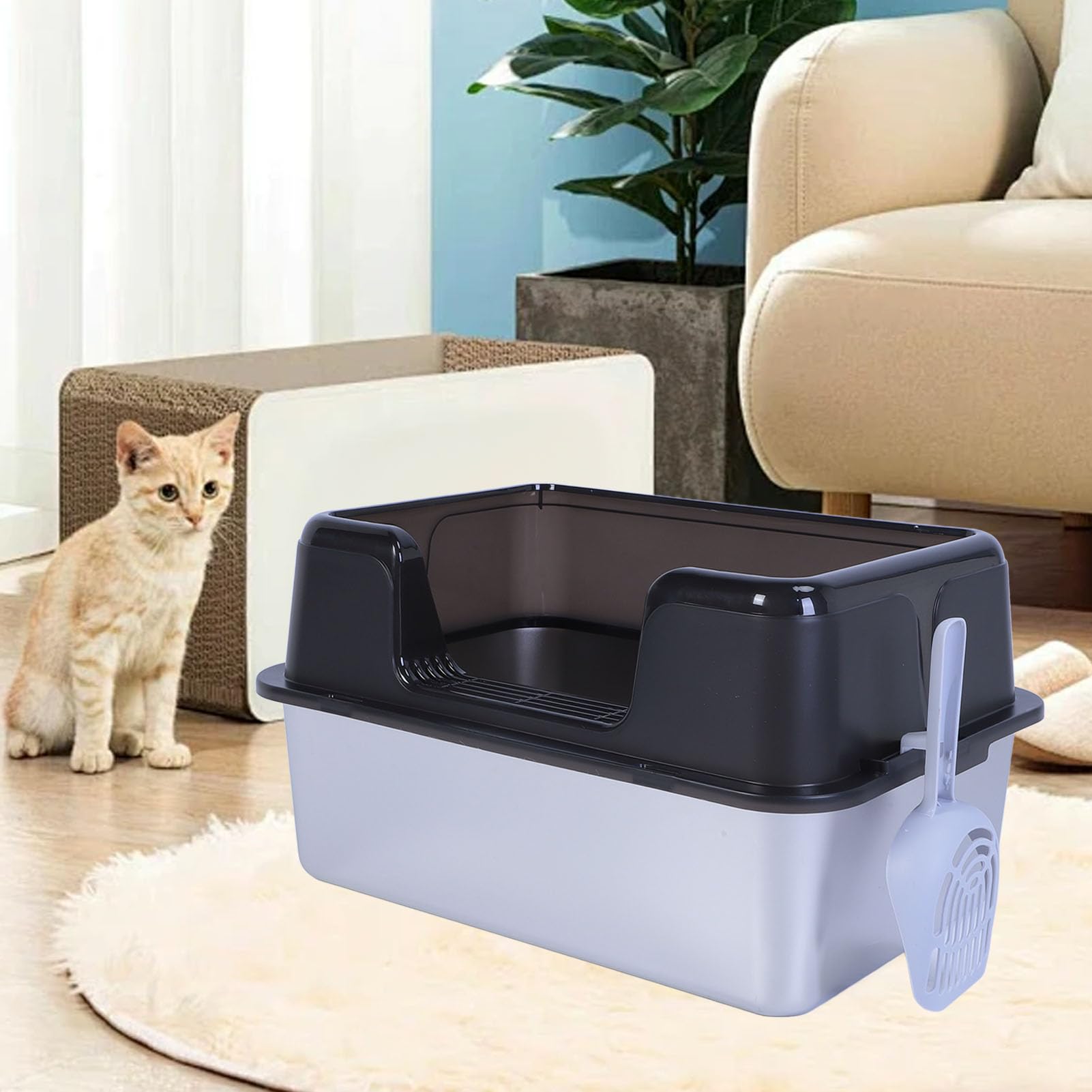 Edelstahl Katzenstreuwanne 20L Hochseitig Großes Tablett (Black)