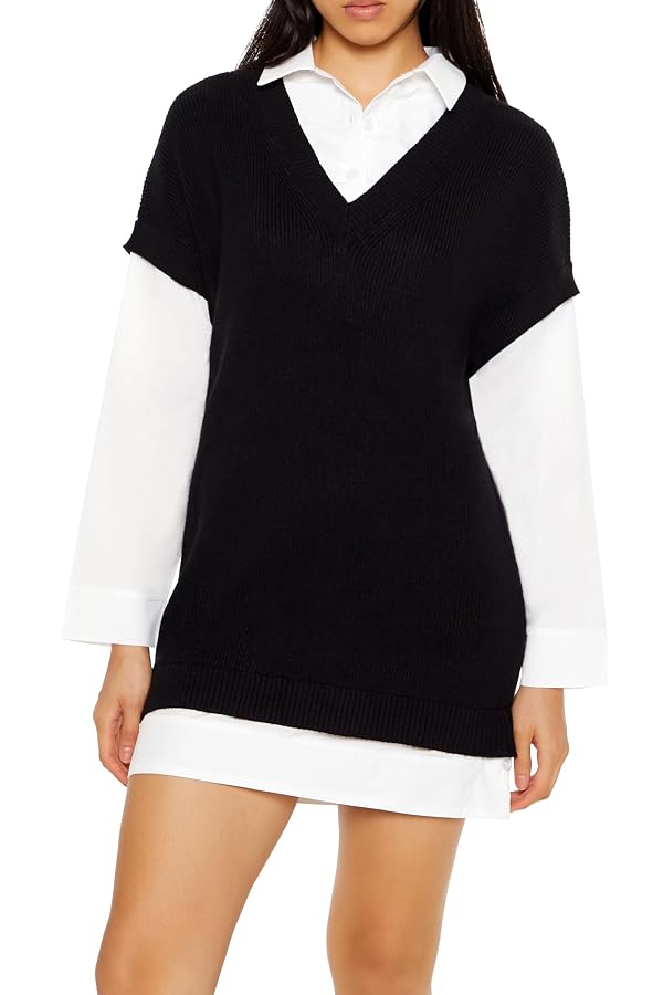 Forever 21 Women's Sweater Vest & Shirt Combo Dress Black/White Small by Forever 21 - Image 2