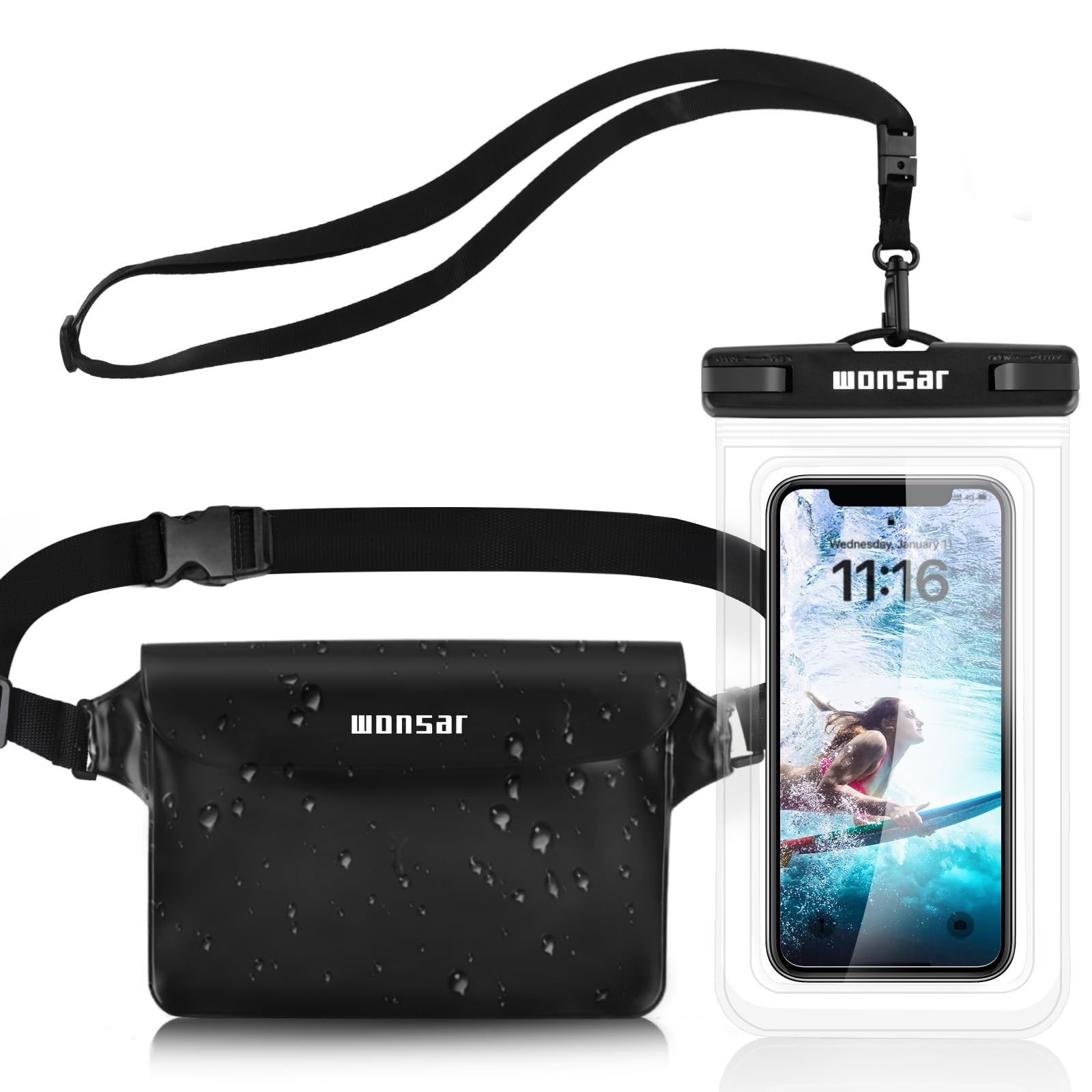WONSAR borsa impermeabile, marsupio Custodia Smartphone, Porta Cellulare Subacquea Universale per Spiaggia Nuoto, Canottaggio, Pesca, Vela, Escursioni