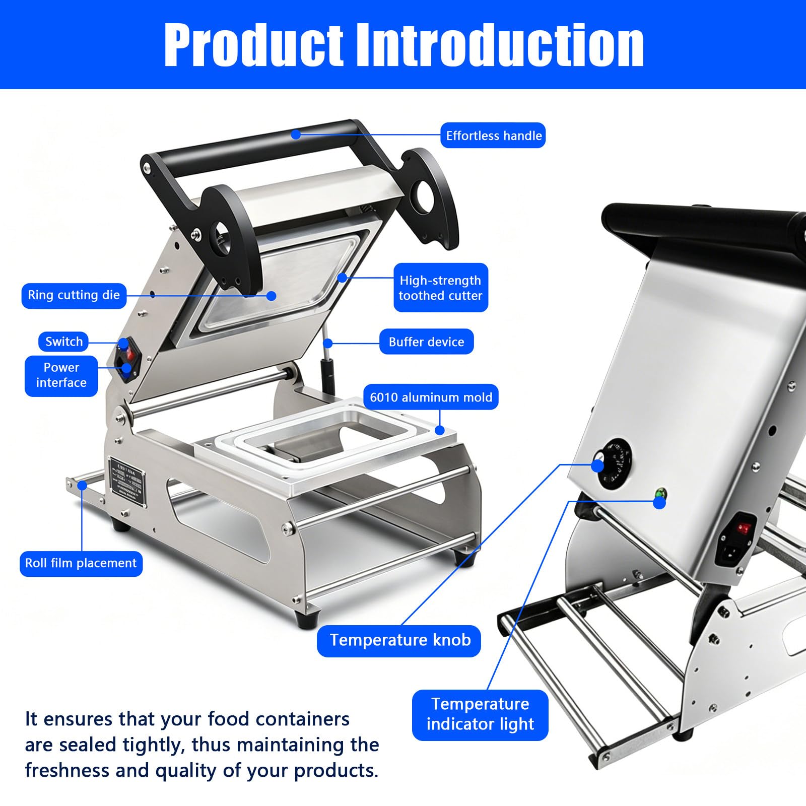 Selladora térmica Comercial,Acero Inoxidable para bandejas de Verduras,presión Manual,Sellado rápido en 2s,Ancho de Film 180mm,Compatible con Film Blanco, Transparente, Color 160x120mm