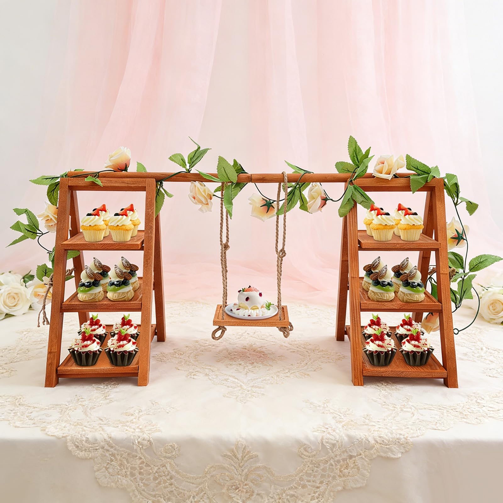 Soporte de madera para cupcakes de 3 niveles, para postres, tartas, aperitivos, con columpio y decoración de flores, escalera plegable para servir cumpleaños, fiestas de té, bodas y decoración