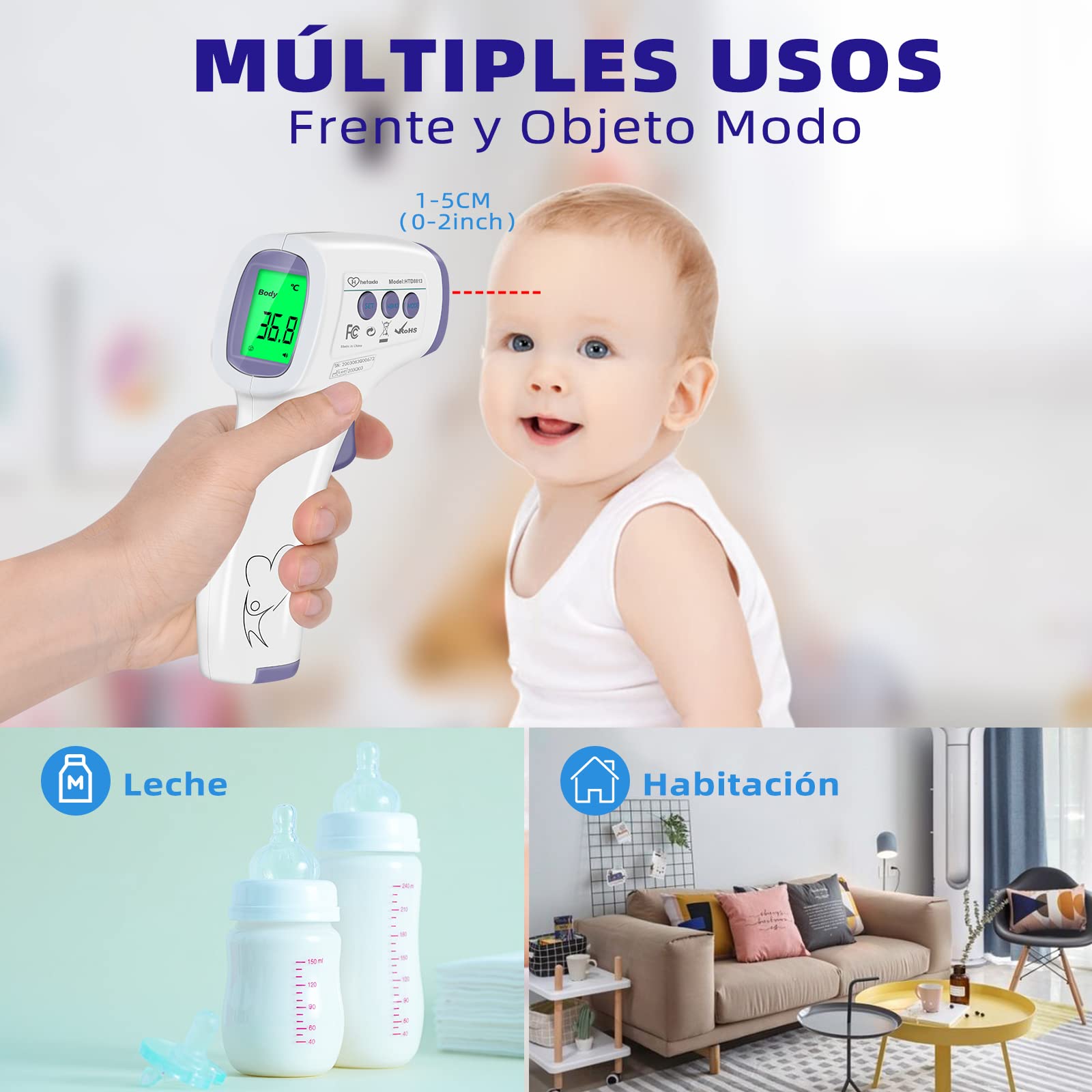 Termometro Digital Frente Adultos, Termometro Bebe Infrarrojos Sin Contacto, Termómetro Digital Con Alarma de Fiebre, 50 Lecturas Memoria, Modo Mudo, ℃ y ℉ Conmutable, Morado