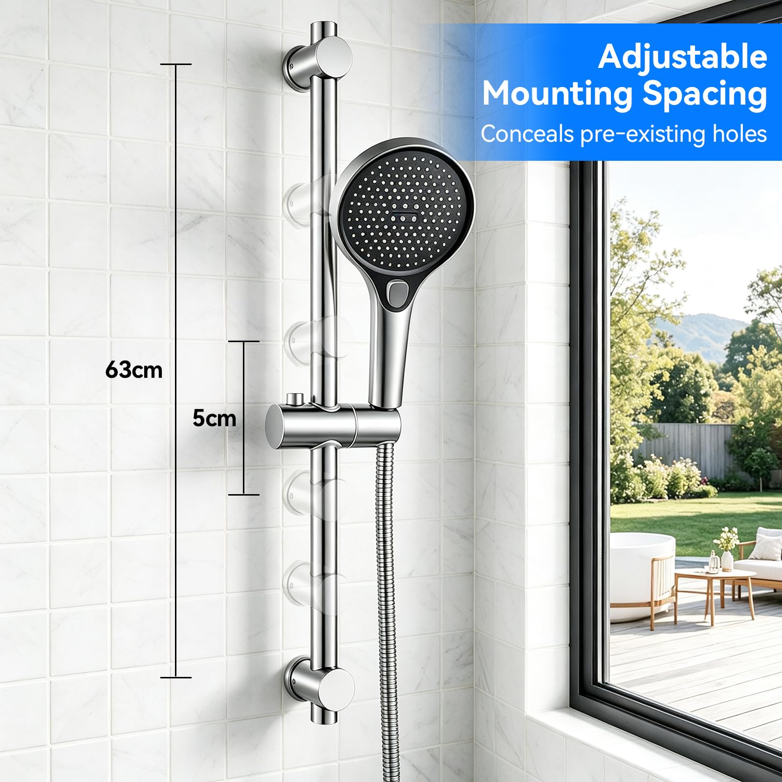 Kit saliscendi per doccia, barra scorrevole regolabile da 65 cm con soffione doccia portatile da 13 cm, 3 modalità di spruzzo, tubo da 1,5 m e staffa girevole a 360°, set di aste doccia in