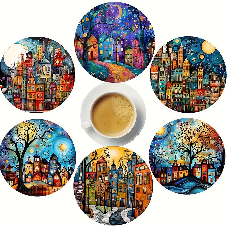 Image of 6pcs Set Art Wooden Coasters- Display Abstract Rural Scenery, Heat Resistant, Non-Slip, Perfectly Protect Surfaces, Suitable for Coffee and Beverage Cups, Ideal for Home, Restaurant